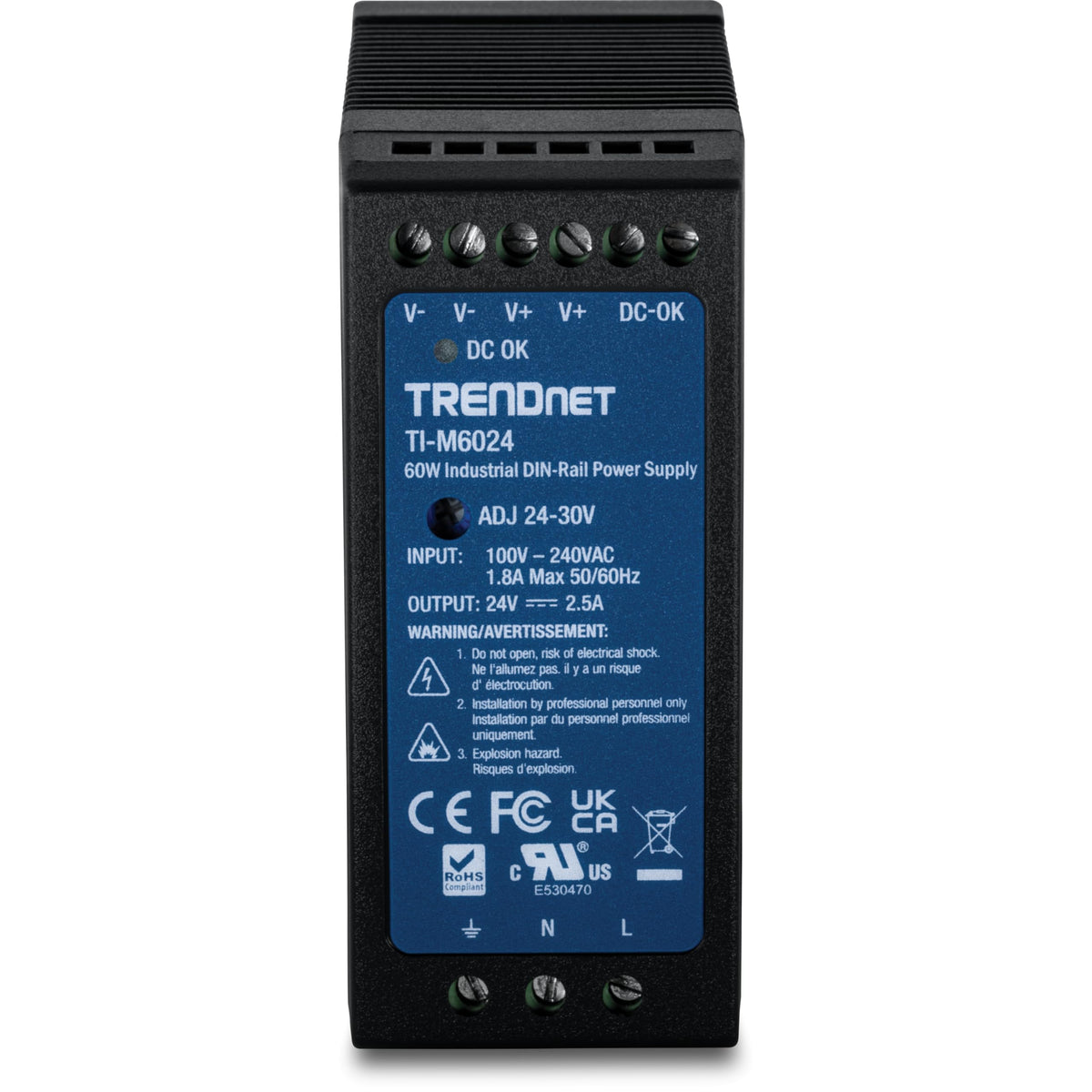 TRENDnet 60W, 24V DC, 2.5A AC to DC DIN-Rail Power Supply, TI-M6024