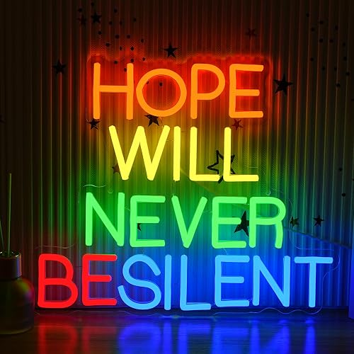 AEHEMNGZ Hope Will Never Be Silent Neon Sign Usb Powered Colorful Rainbow Neon Light Dimmable Motivational Letter Light Up Sign for Bedroom Office Gym
