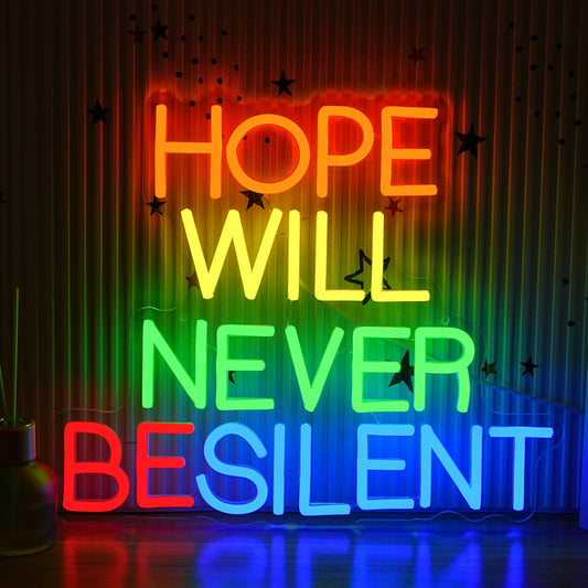 AEHEMNGZ Hope Will Never Be Silent Neon Sign Usb Powered Colorful Rainbow Neon Light Dimmable Motivational Letter Light Up Sign for Bedroom Office Gym