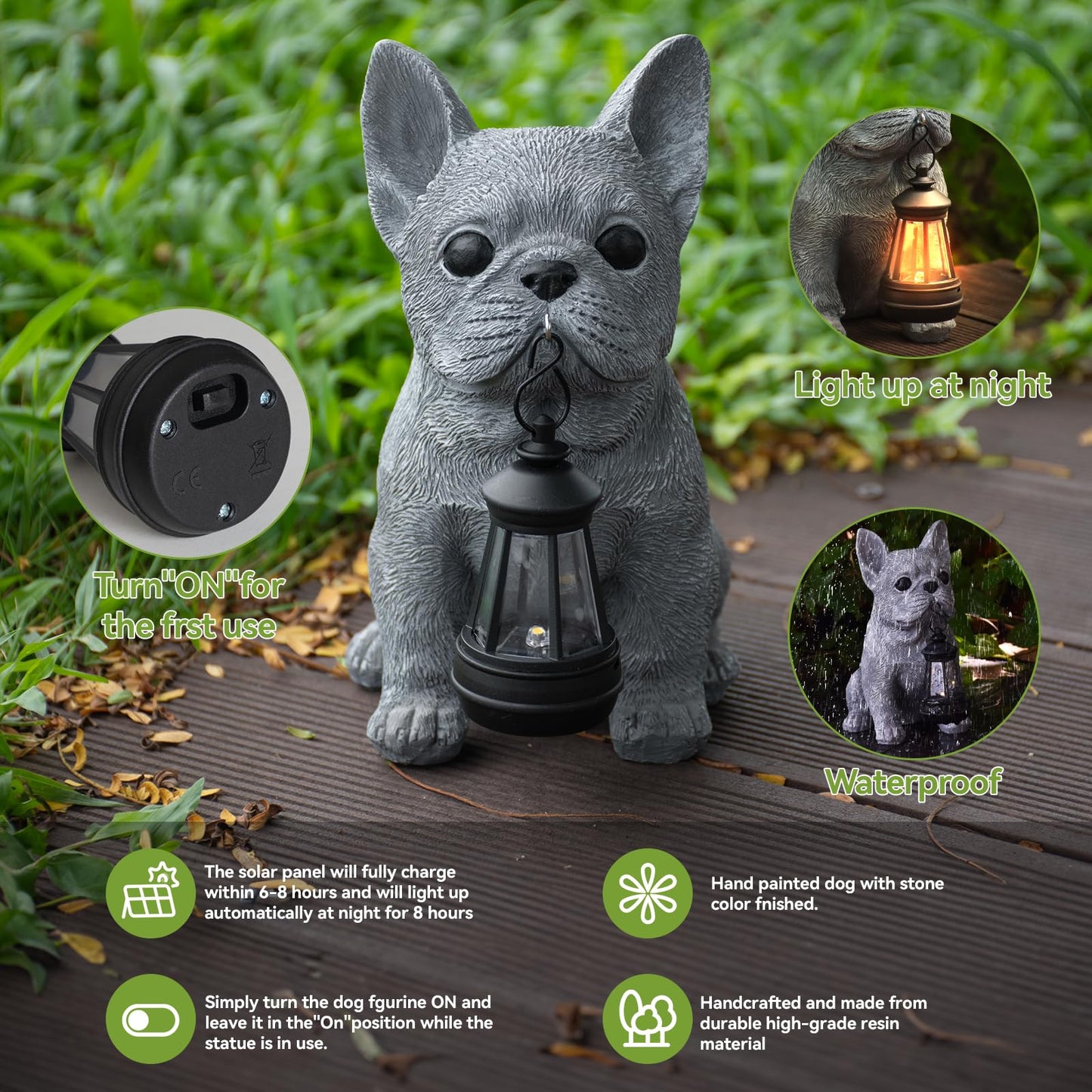 Qwifyu Solar Dog Outdoor Garden Statue with LED Light, Cute Bulldog Lawn Ornament for Patio Yard Balcony, Unique Housewarming Birthday Gift for Dog