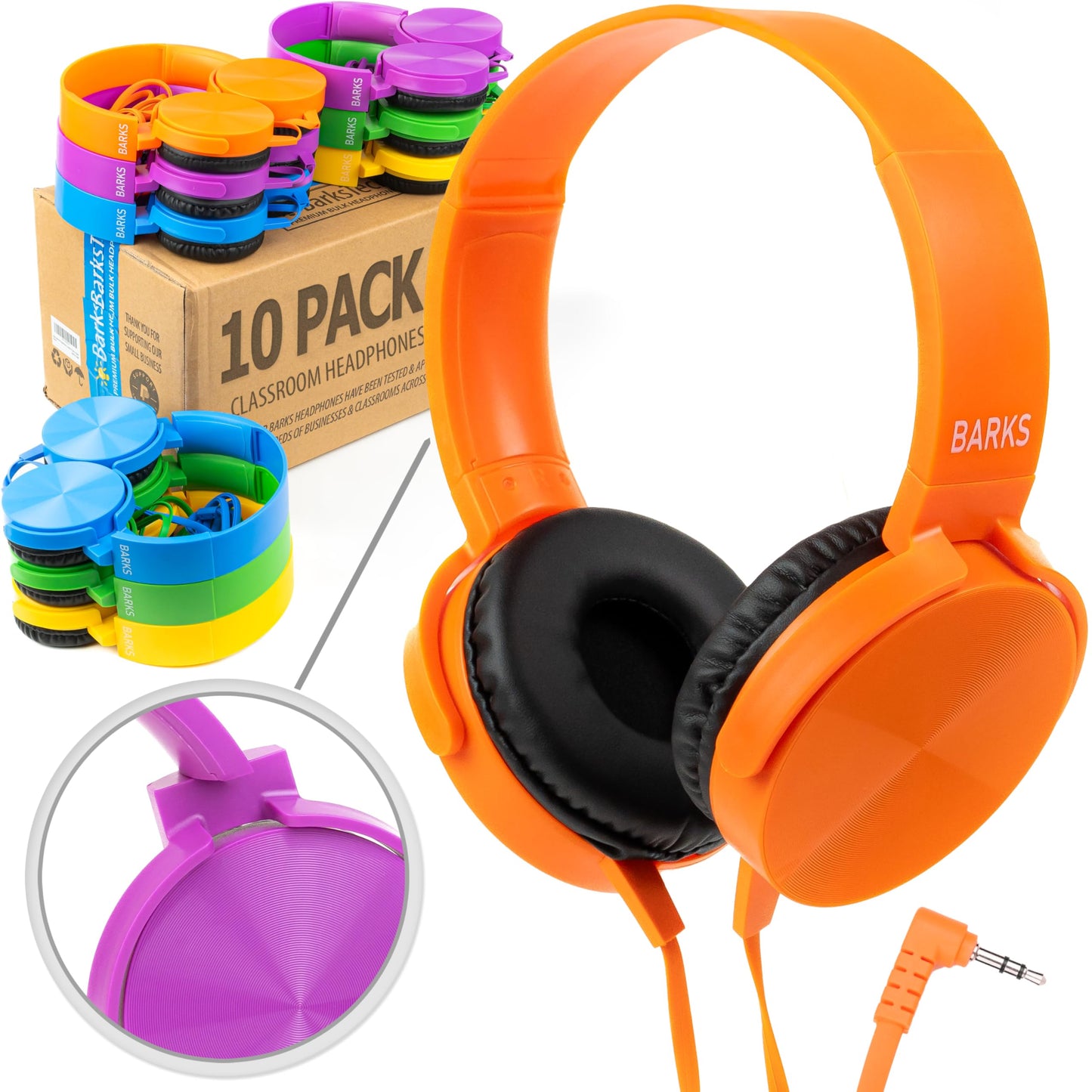 Barks Classroom Headphones (10 Pack, Mixed Colors) - On-Ear Premium Student Bulk Headphones: Perfect for Kids K-12, Schools & Class Sets (Colorful