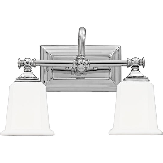 Quoizel Nicholas Vanity Lights, 15 Inch 2-Light Polished Chrome Bathroom Lighting Fixtures Over Mirror, 100W, Opal-Etched Frosted Glass, Mid-Century
