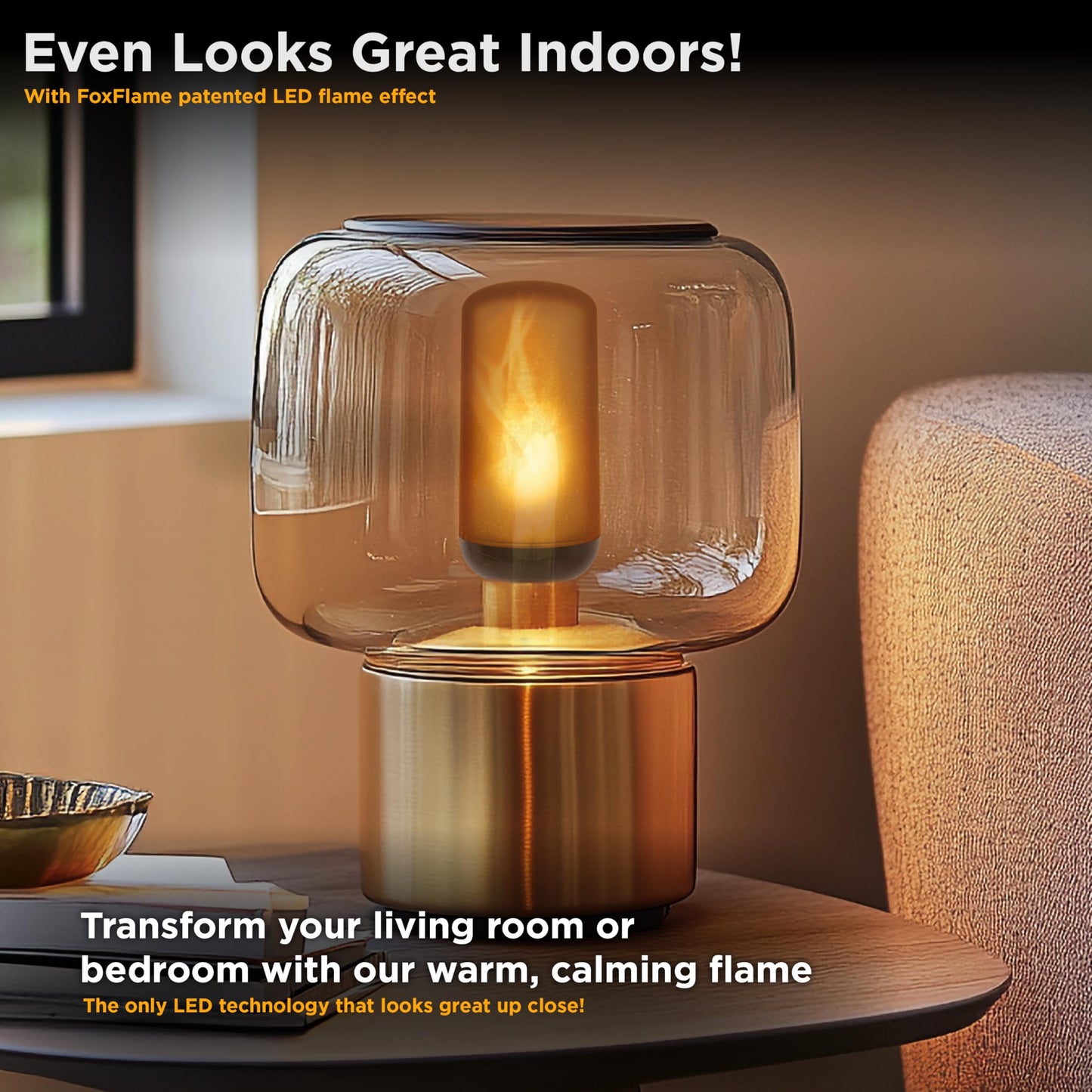 FoxFlame Flickering Light Bulbs, E26 Base, 2000K Warm, Patented Fire Effect