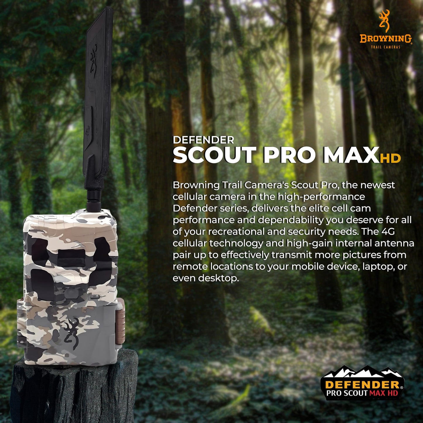 Browning Defender Pro Scout Max HD 24MP Dual SIM Cellular Trail Camera - Ultra High Gain Antenna, Smart Infrared Video, 100' Detection Range