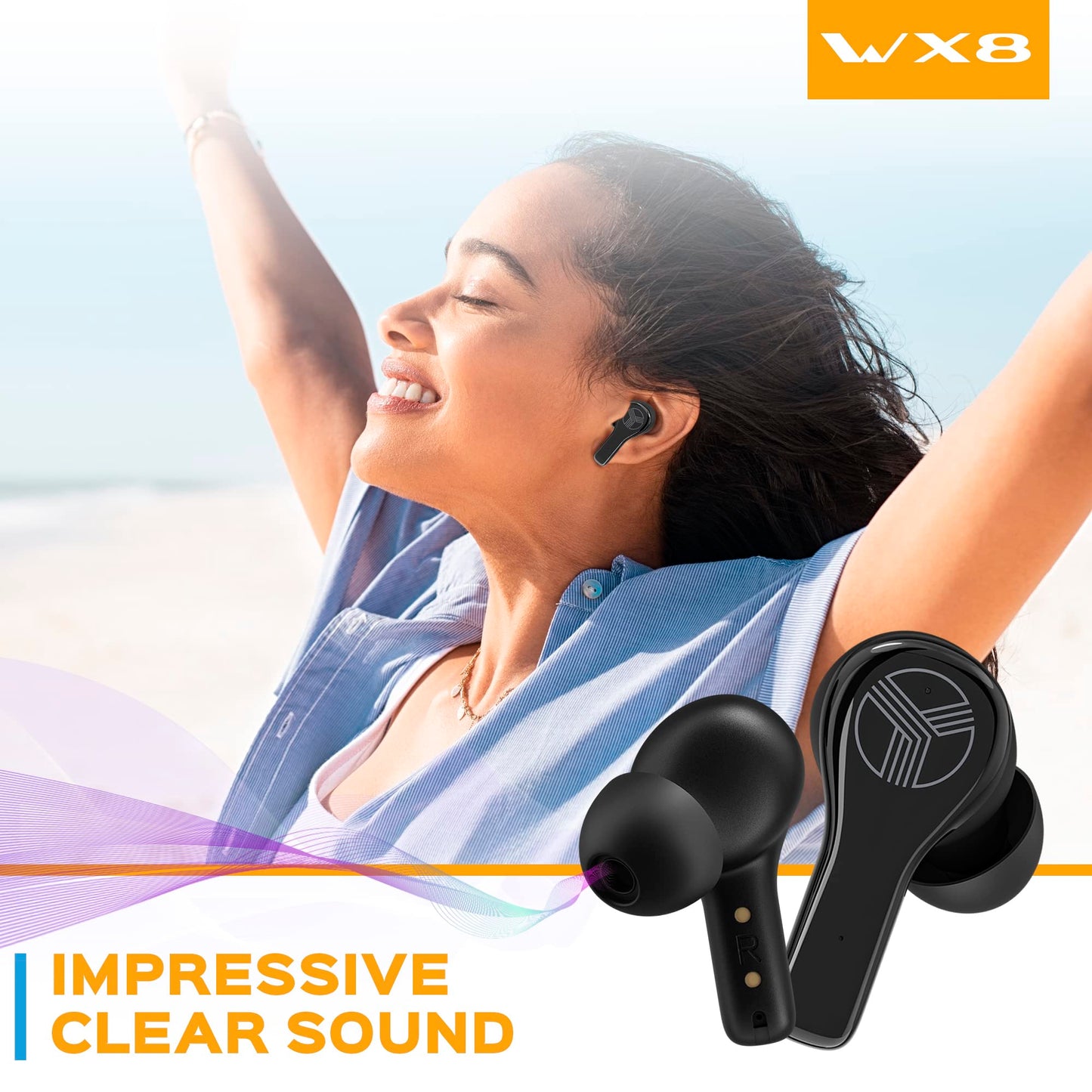 Treblab WX8 - True Wireless Earbuds with Pure Sound, Soft Silicone Ear Buds, IPX8 Waterproof, 28H Play, Wireless Charging, Noise Reduction Touch