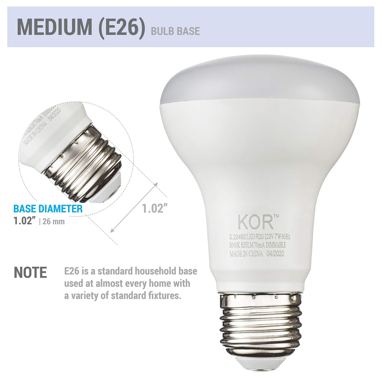 KOR R20 LED Flood Light Bulbs, 50W Equivalent, 5000K Bright White, 6-Pack