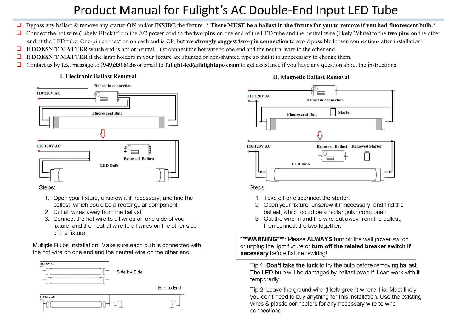 Fulight Type B LED F14T8 Tube Light, 15-Inch, Cool 4000K, 85-265V AC