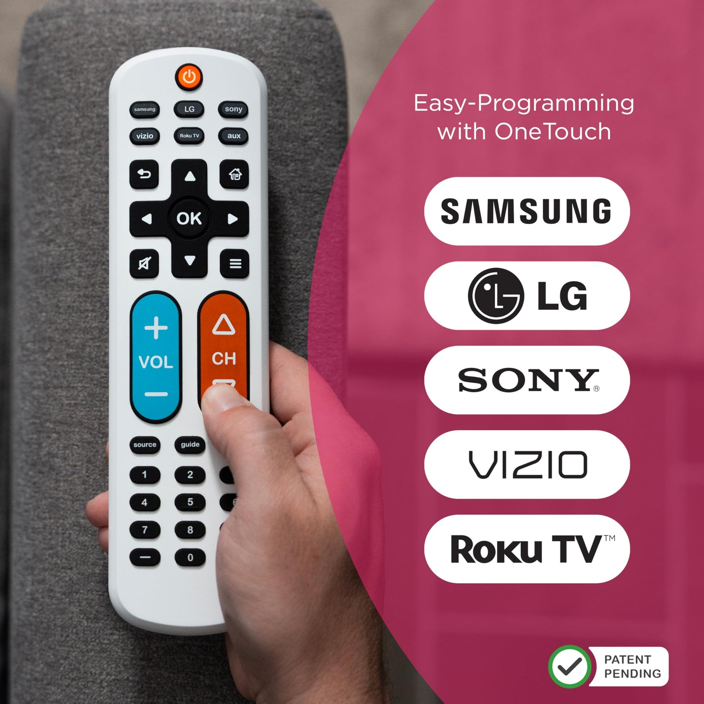 GE BigEZ OneTouch Big Button Universal TV Remote for Seniors, Easy to Use, Replacement Remote for Samsung, LG, Sony, Vizio, Roku TV, Streaming
