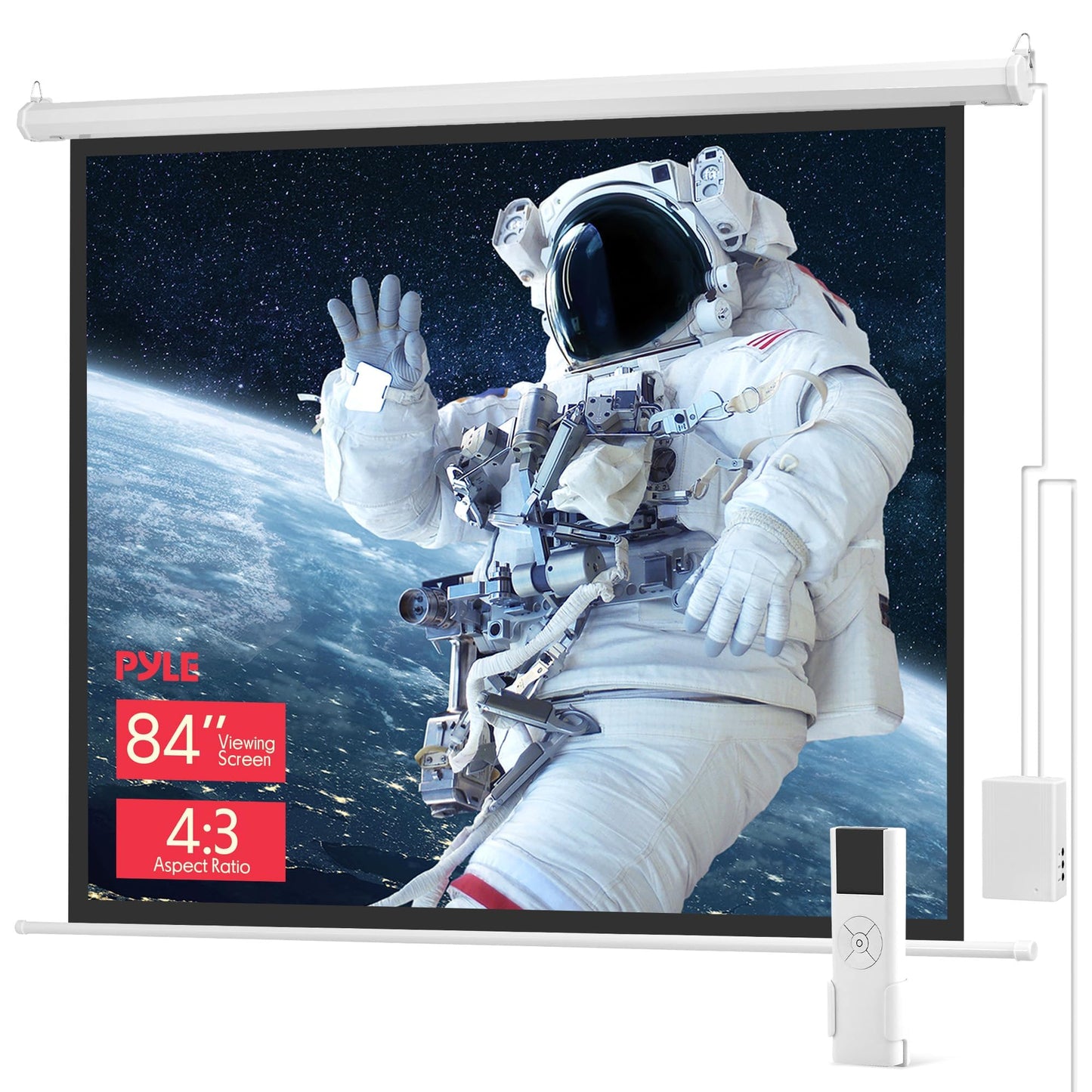 Pyle 84" Portable Motorized Matte White Projector Screen - Automatic Projection Display with Wall/Ceiling Mount, Remote and Case - for Home Movie