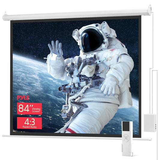 Pyle 84" Portable Motorized Matte White Projector Screen - Automatic Projection Display with Wall/Ceiling Mount, Remote and Case - for Home Movie