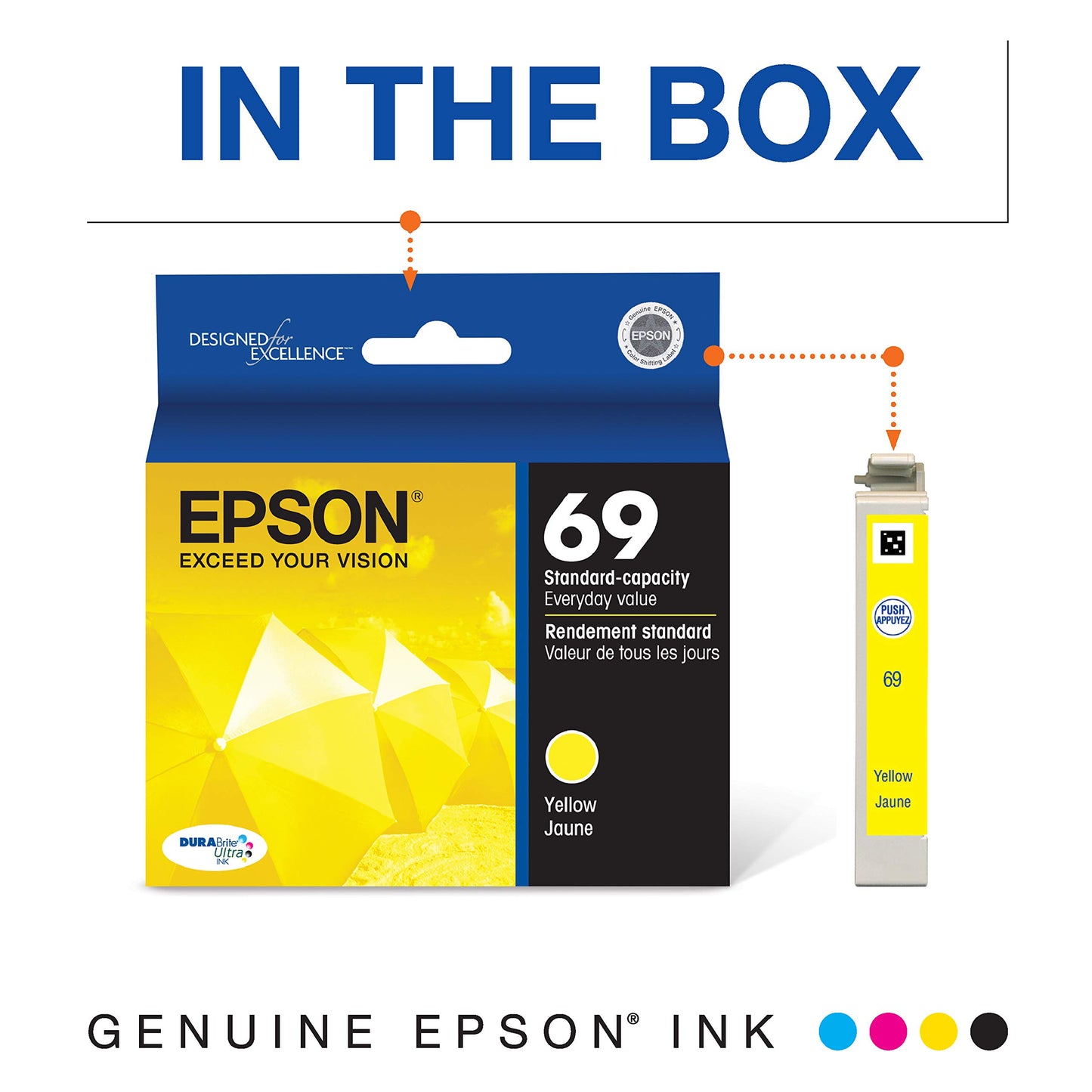 Epson 69 DURABrite Ultra Ink Yellow for CX-6000, CX-7000F, CX-7400, CX-8400, CX-9400, CX-9475, NX-400, NX-415, NX-510, NX-515, WF-1100, WF-500