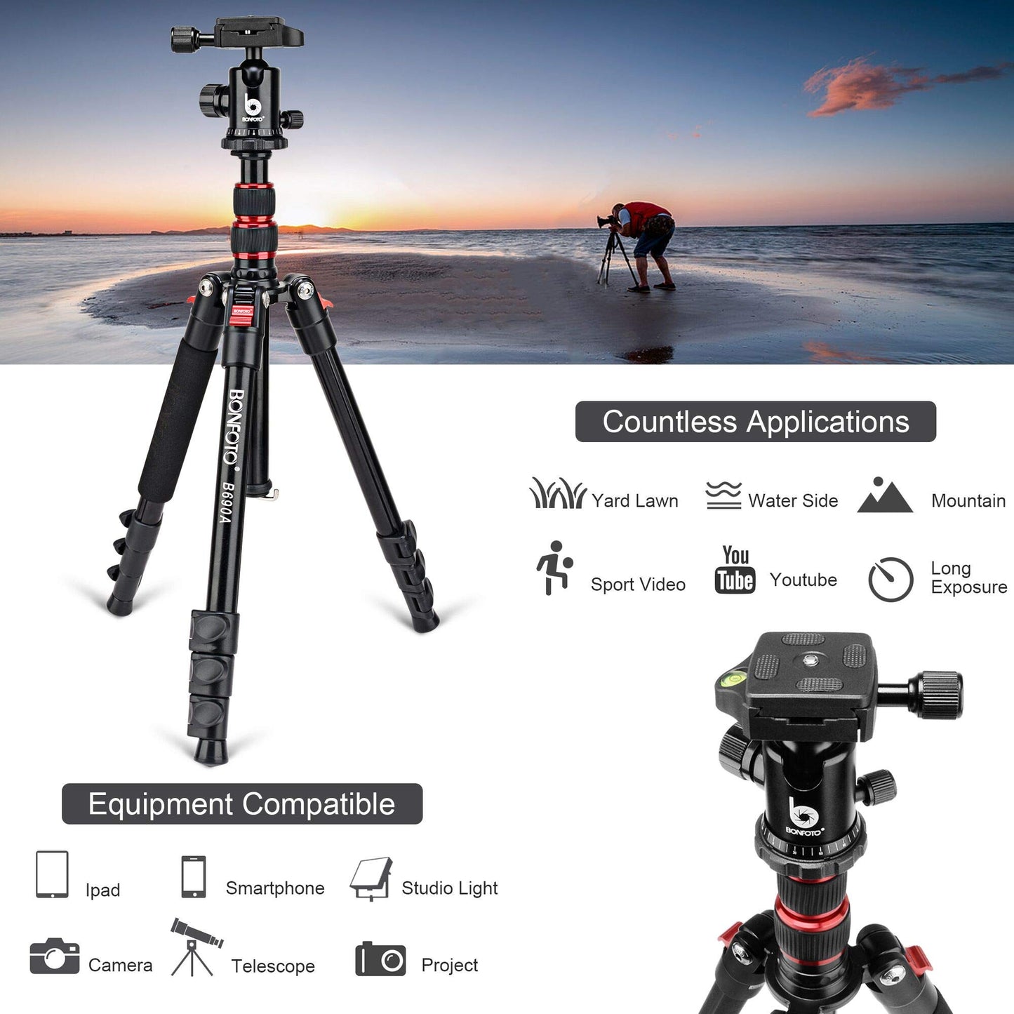 BONFOTO B690A Camera Tripod for Travel,Lightweight Aluminum Portable DSLR Tripod with 360 Degree Ball Head and Carry Bag, Camera Stand for Ring Light