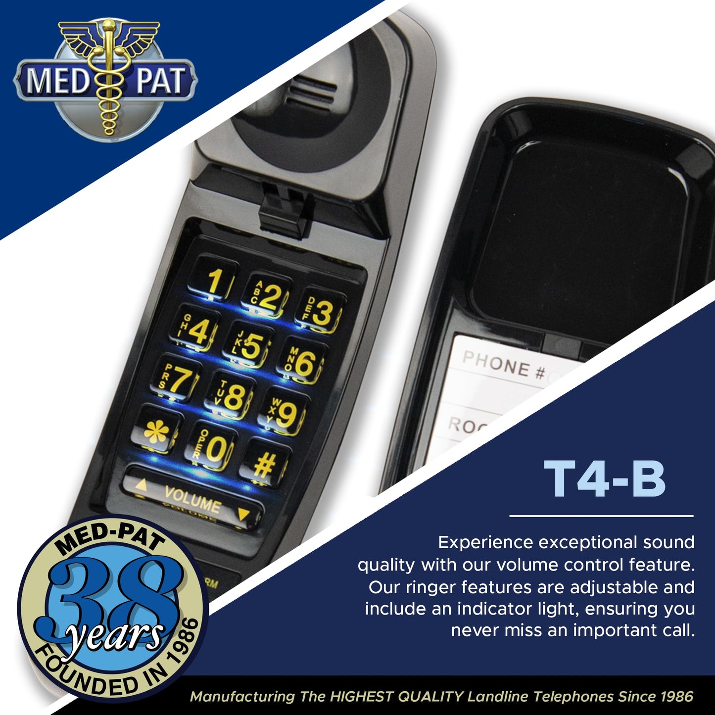Med-Pat T-4 Full-Featured Trimline Telephone w/Ring/in-Use Light Indicator - Corded Wall Phone w/Full Range Volume Control, Hearing Aid Compatible
