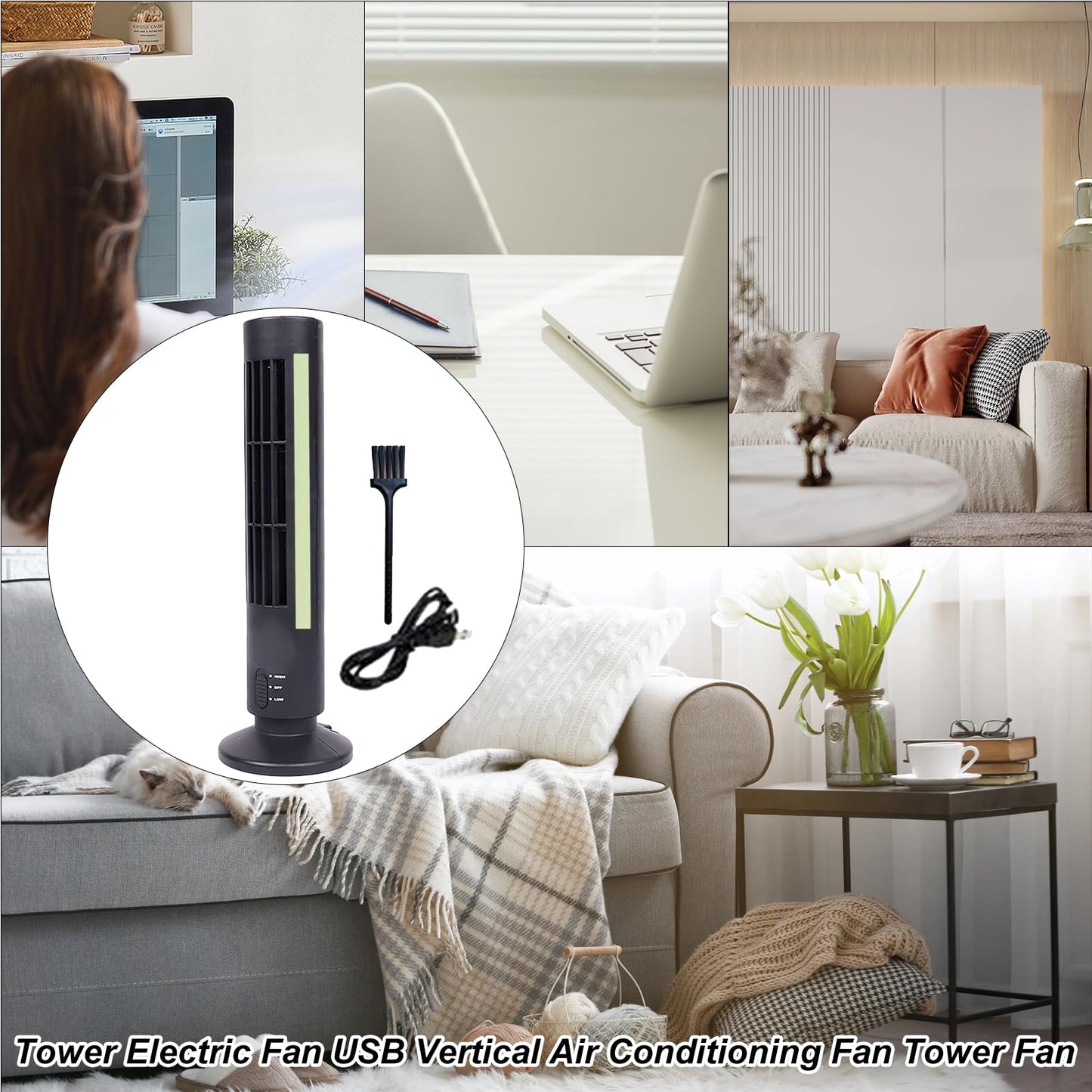 LSRXCBRTY Compact Tower Fan for Bedroom - ABS Bladeless Cooling with Dual Wind Modes, USB-Powered & Space-Saving (Home/Dorm Use) (black)