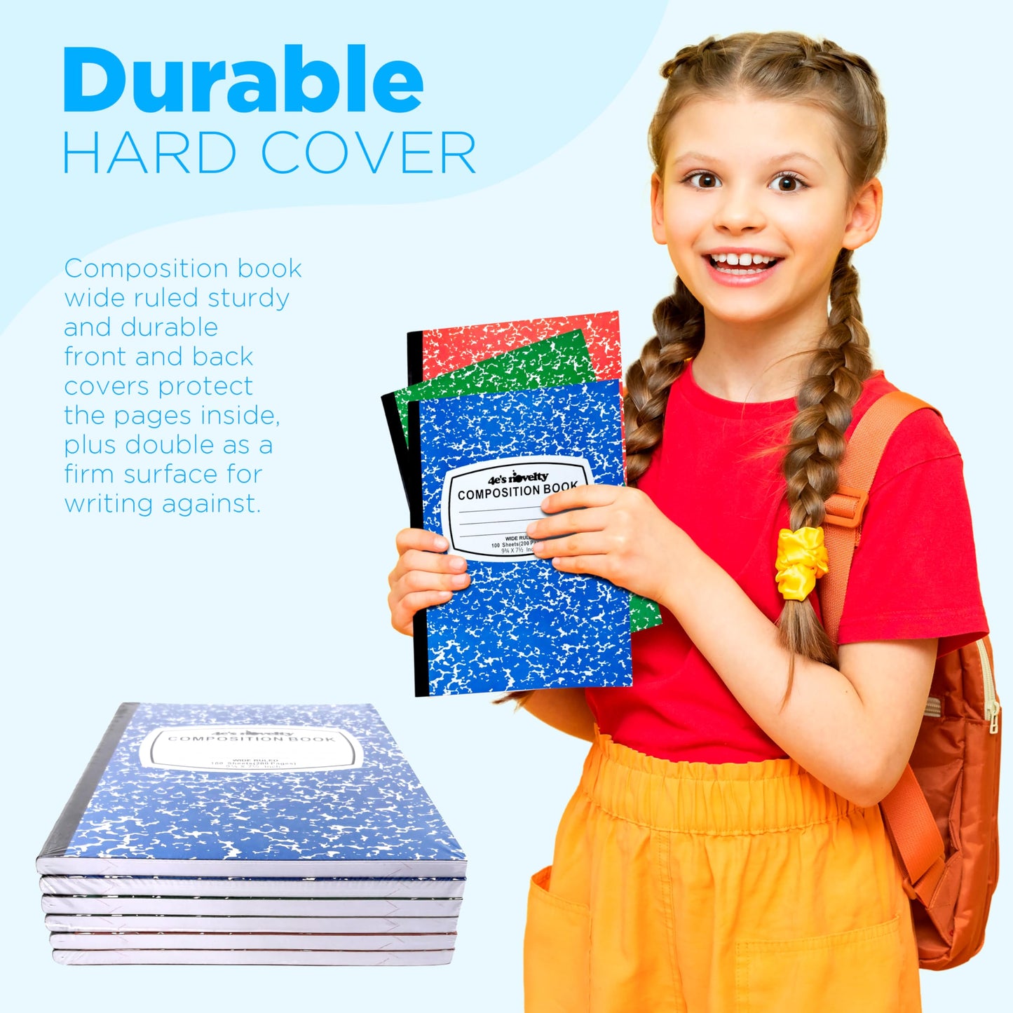 4E's Novelty Wide Ruled Composition Notebooks - Pack of 3-100 Sheets 9.75" x 7.5" - Hard Cover Red Blue Green Cute Marble Colors, Bulk Compositon Book
