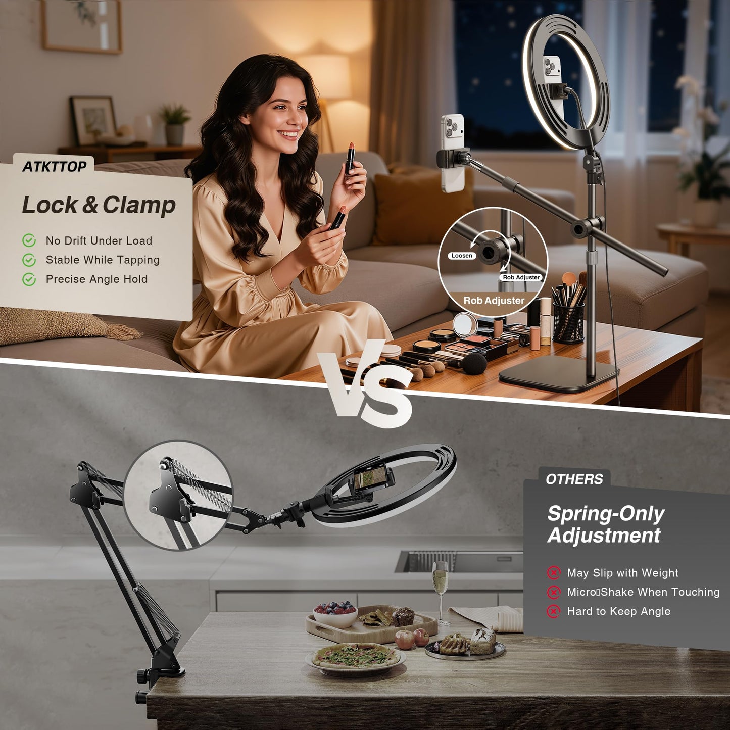 Overhead Phone Mount, Overhead Camera Mount Stand [Anti-Shaking] with 10.5" Ring Light, Desk Stand for iPhone with Ring Light for Video Recording