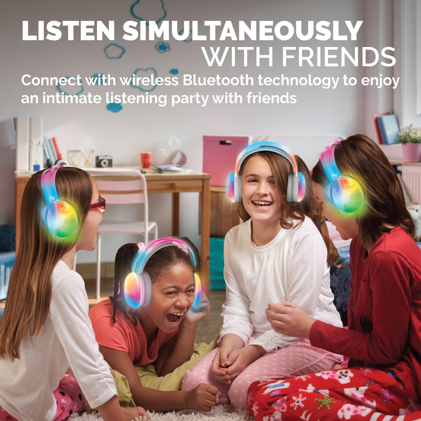 Brookstone Wireless Silent Disco Headphones, Multicolor LED Lights, Bluetooth 5.0, Up to 10 Hours of Playtime, 4 Pack