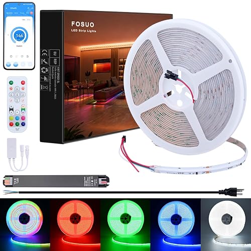 FOSUO RGBW IC COB LED Strip Cool White 6000K 24V 32.8ft 7840LEDs WS2811 Addressable Color Changing Multicolor RGB+CW LED Tape Lights Kit