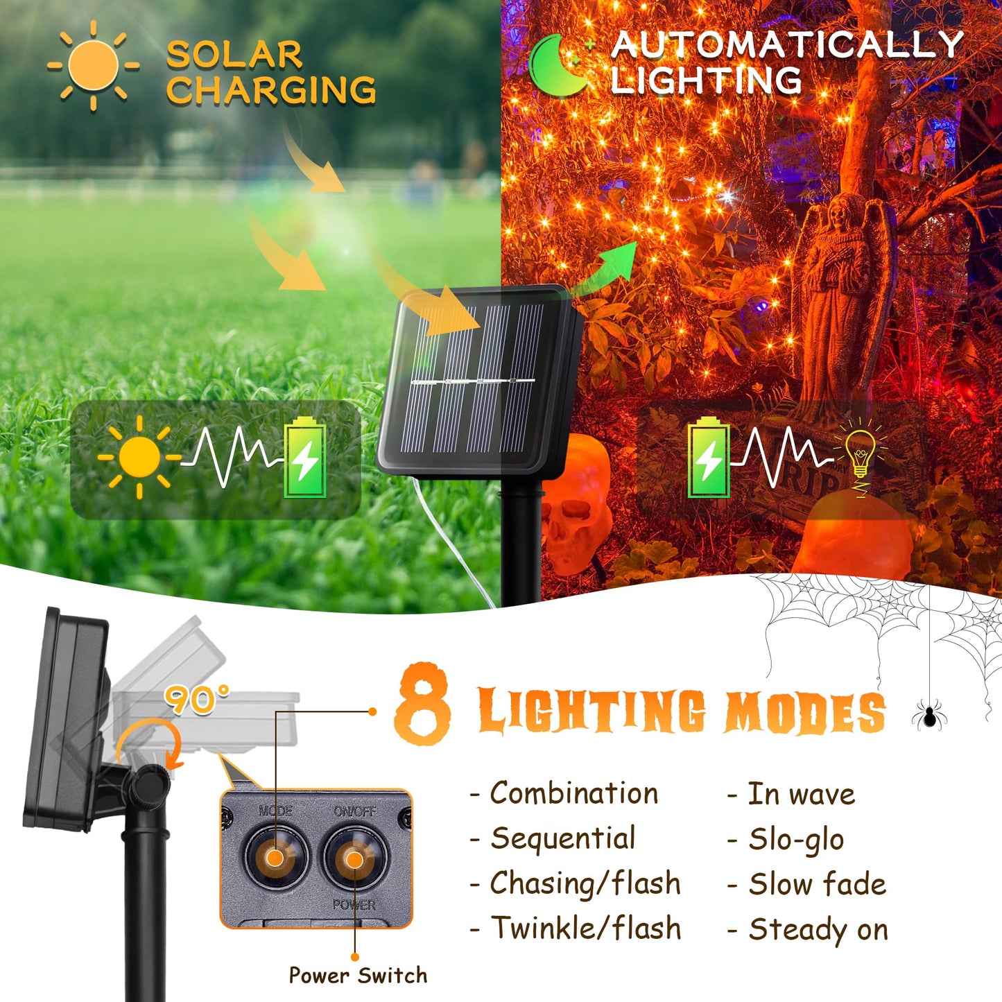 ?oohaha Solar Halloween Lights Outdoor,2 Pack Each 33Ft 100LED Orange Halloween Lights,Copper Wire Solar Powered Fairy String Lights 8 Modes