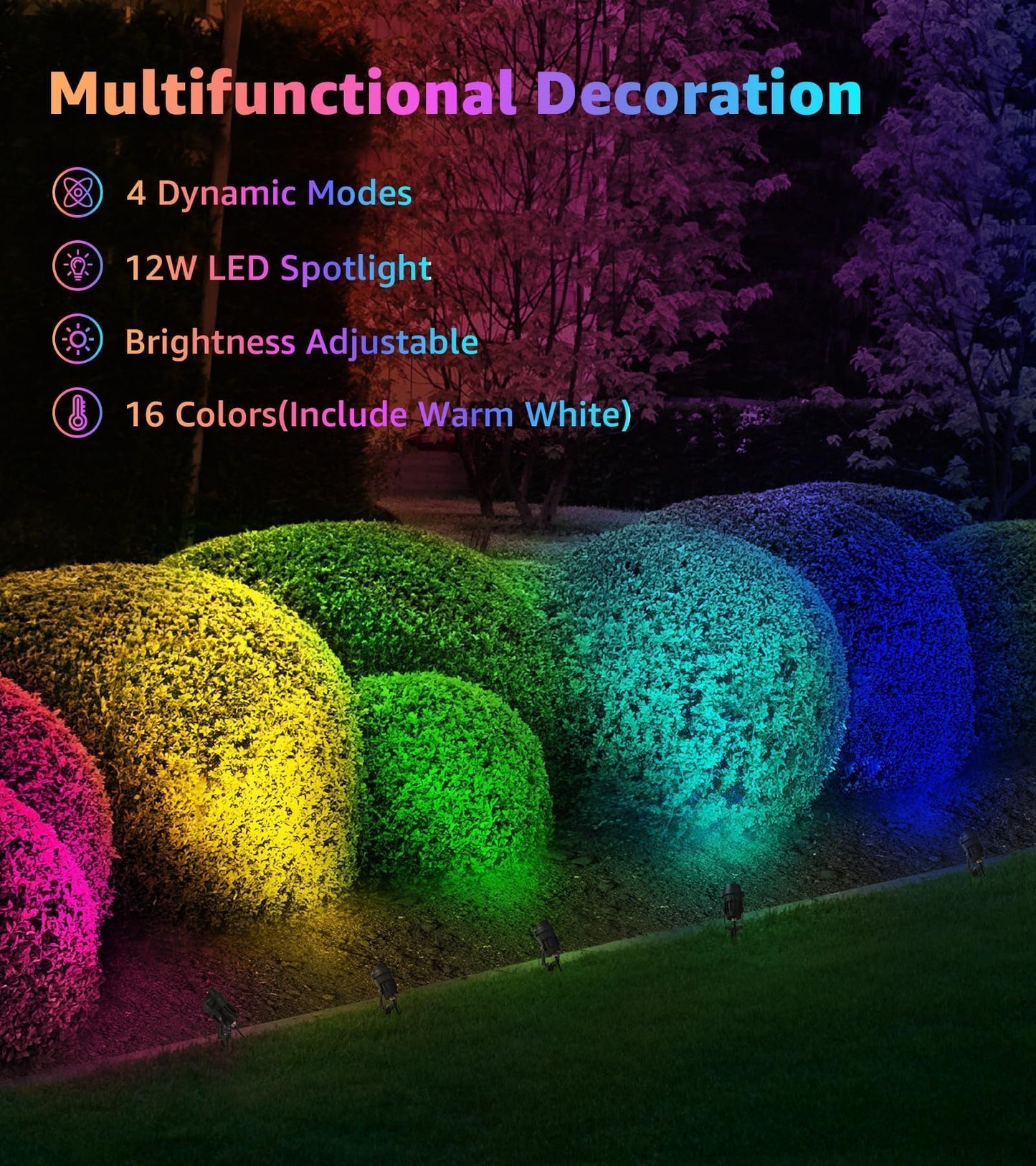 SUNVIE 2-Pack RGBW Spotlight Outdoor 12W LED Color Changing Landscape Lights with Remote Control 120V RGB Landscape Lighting Waterproof Spot Lights
