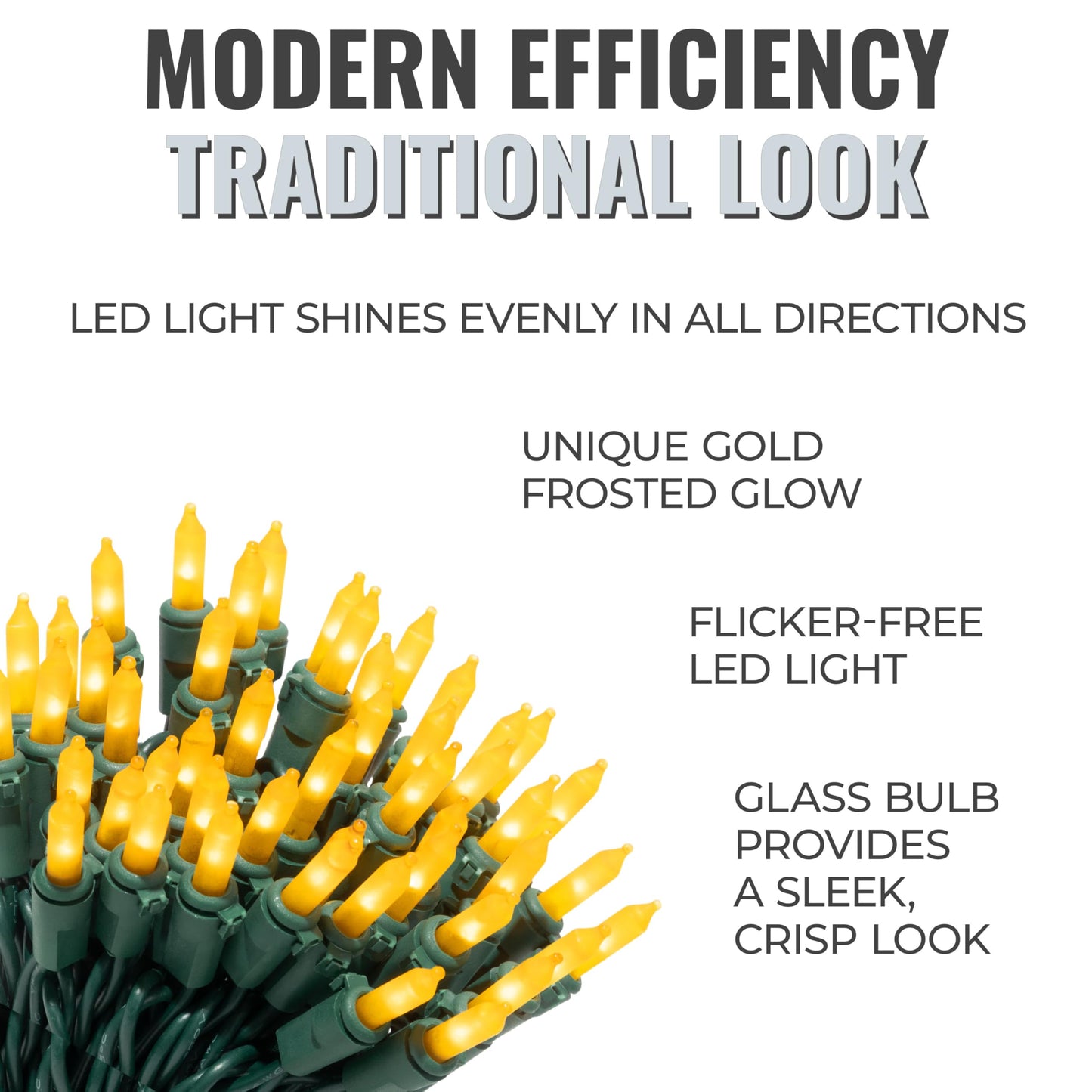 612 Vermont 100 LED Gold Frost Christmas Lights on a Green Wire String, UL Approved, Indoor and Outdoor Use, 24.75 Foot of Lighted Length, 25.4 Foot