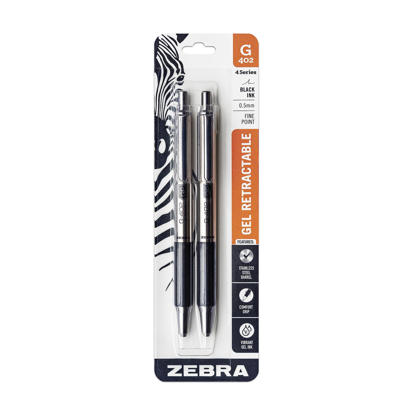 Zebra Pen STEEL G-402 Retractable Gel Pen, Black Ink, 0.5mm, 2-Pack