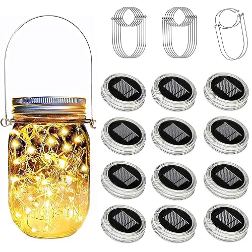 Ostritec Solar Mason Jar Lights Lids, 12 Pack 30 Led Fairy Lights(Jars Not Included), Outdoor Hanging Mason Jar Solar Lights, Fairy in a Jar Firefly