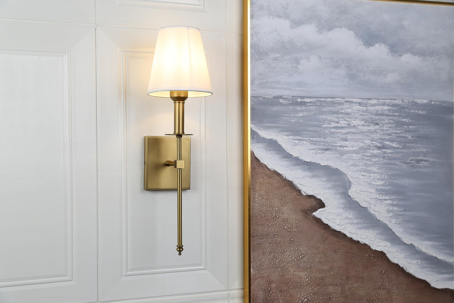PERMO Single Classic Rustic Industrial Wall Sconce Lighting Fixture with Flared White Textile Lamp Shade and Antique Brass Tapered Column Stand