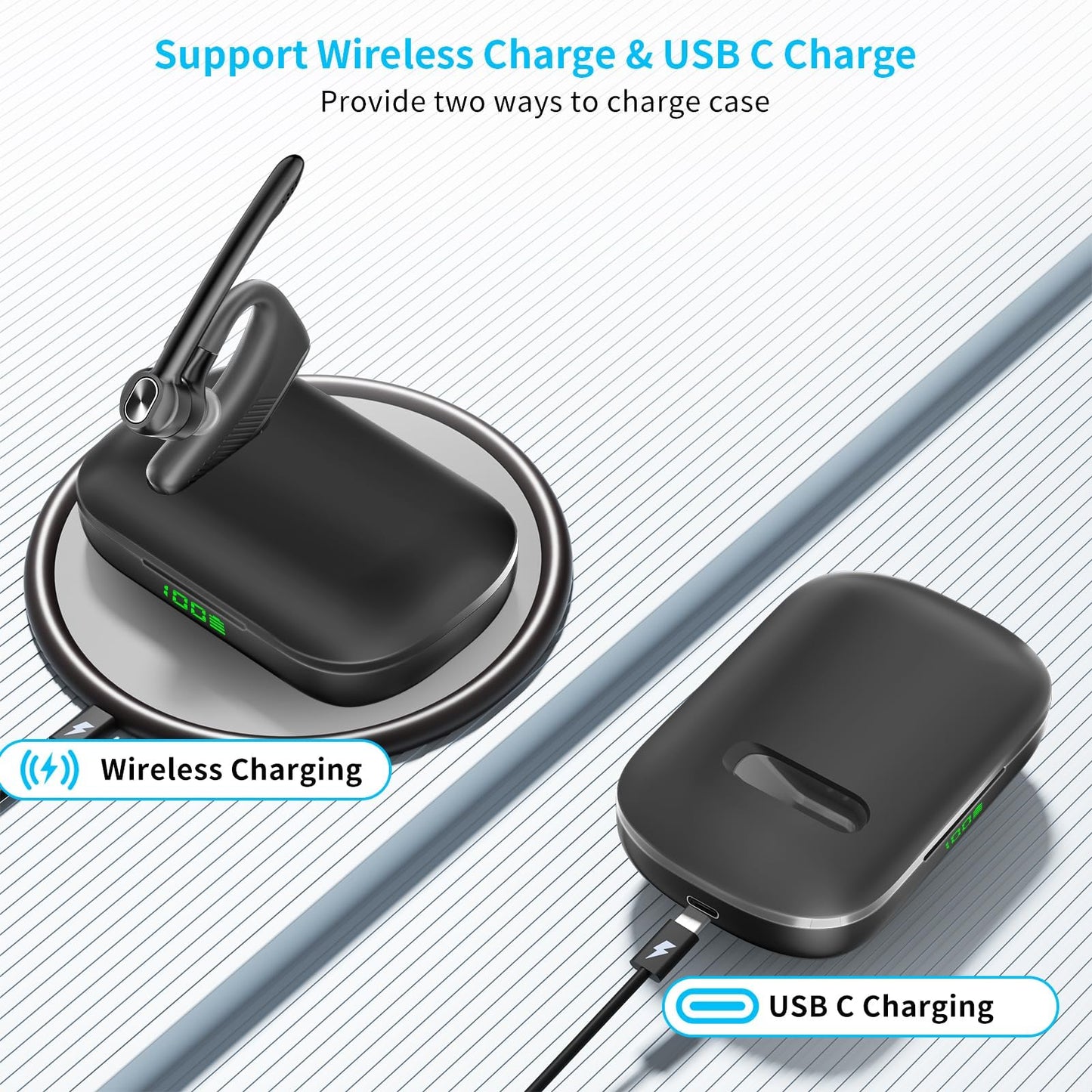 Bluetooth Headset Wireless Earpiece Microphone 180H Playtime 1000mAh Wireless Charging Case Handsfree Single Ear Headset LED Display for iPhone