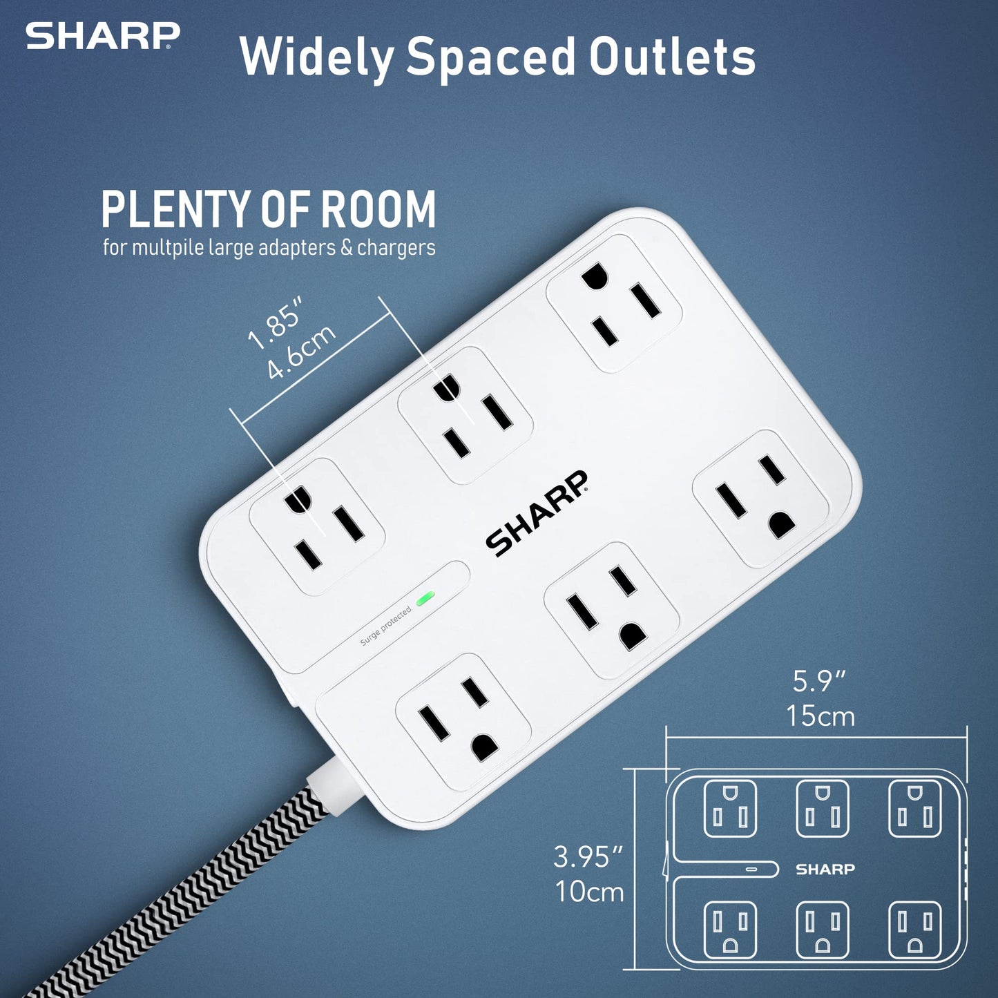 SHARP Surge Protector Power Strip - 6 Widely Spaced Outlets with 4 USB Fast Charge USB Charging Ports (3 USB-A and 1 USB Type-C), Flat Wall-Hugger