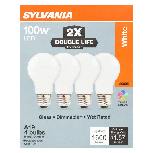 Sylvania Double Life LED Light Bulb, A19, Dimmable, E26 Base, 100W, 4 Pack