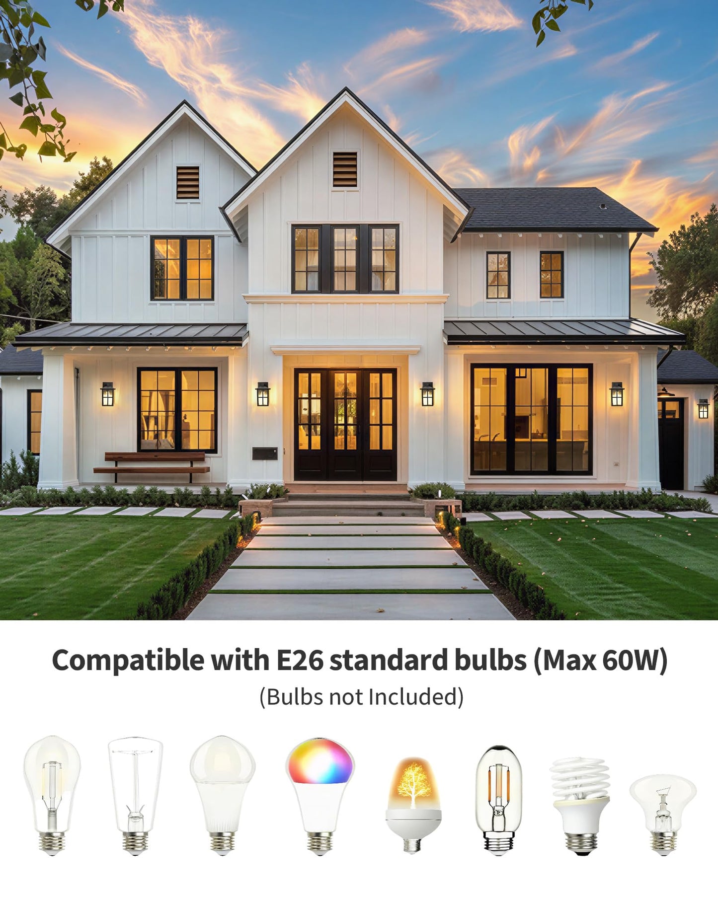 KDG Outdoor Waterproof Patio Wall Light Fixtures Set of 2, Black E26 Socket Exterior Lanterns with Tempered Glass, Modern Wall Mounted Lamp Suitable