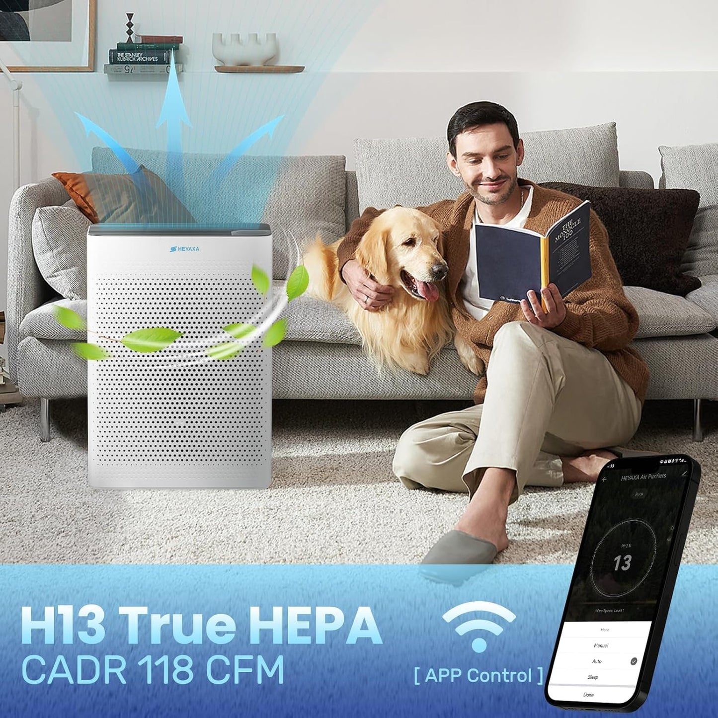 HEYAXA Air Purifiers for Home Large Room Up to 2000 Ft² with Air Quality Monitor, Filter Remind,21dB Sleep Mode, Wi-Fi and Timer, Washable Filters,Air