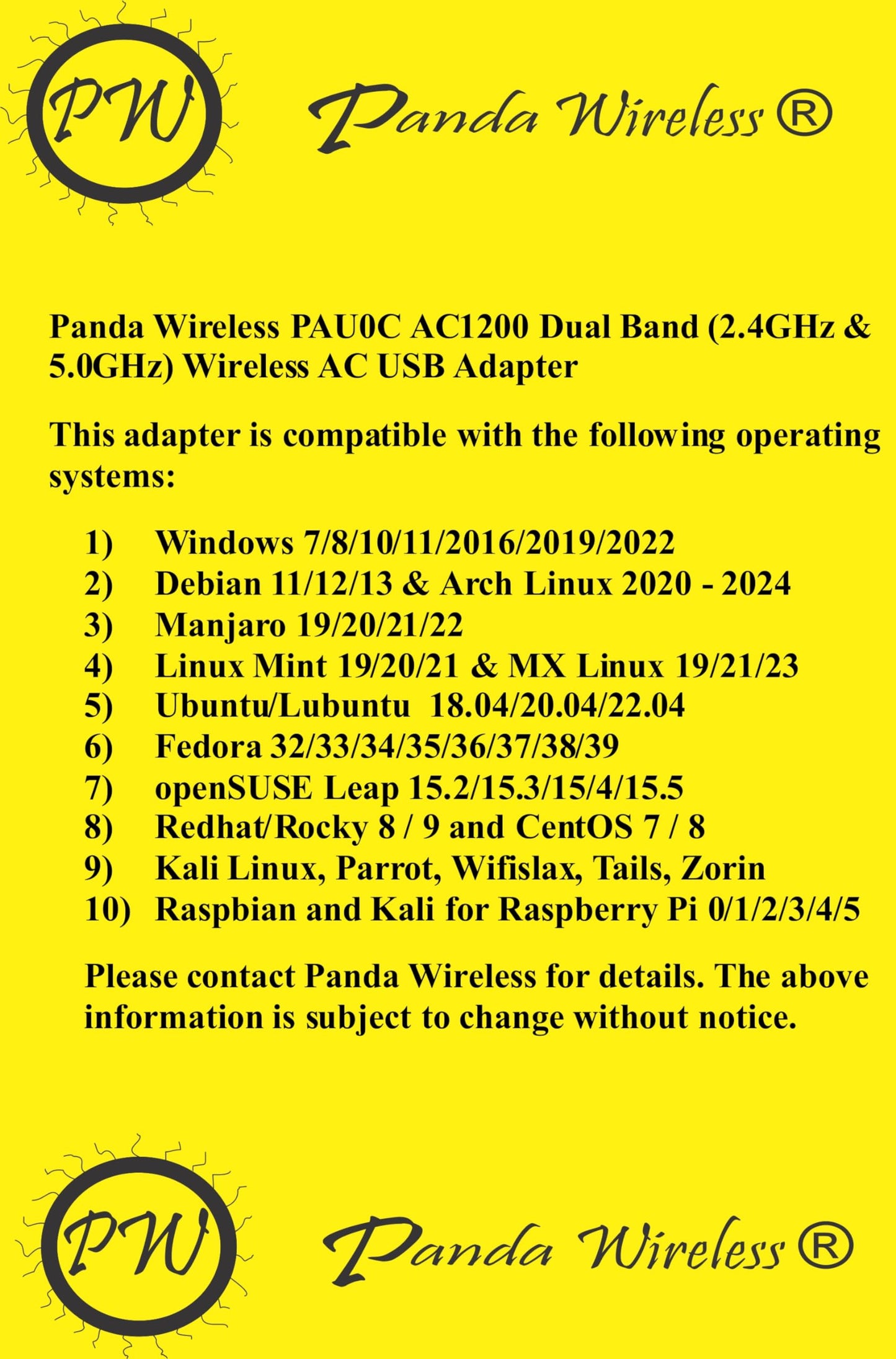 Panda Wireless PAU0C AC1200 Dual Band Wireless-AC USB Adapter - Windows 7/8/10/11/2019/2022, Zorin, MXLinux, Mint, Ubuntu, Fedora, openSUSE, Rocky