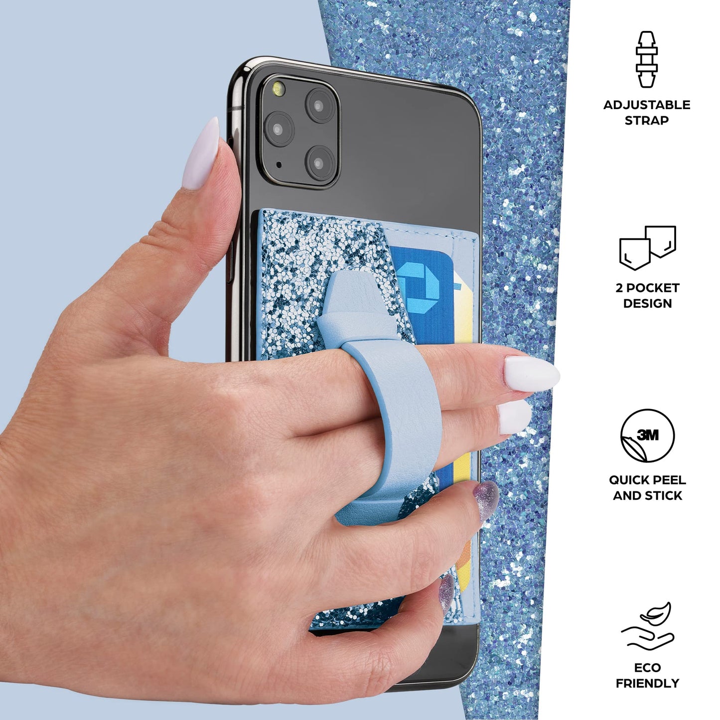 SKYLAR Stick On Phone Wallet with Finger Strap Stand, Slim 2-Pocket Credit Card Holder for iPhone & Android, 3M Adhesive Phone Card Holder, Faux