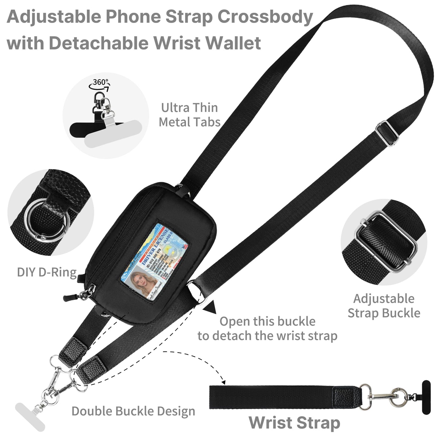 FUVLIFE Clip and Go Strap for Phone with Wallet Crossbody, Cell Phone Lanyard for Women Men, Adjustable Phone Strap with Detachable RFID Wristlet