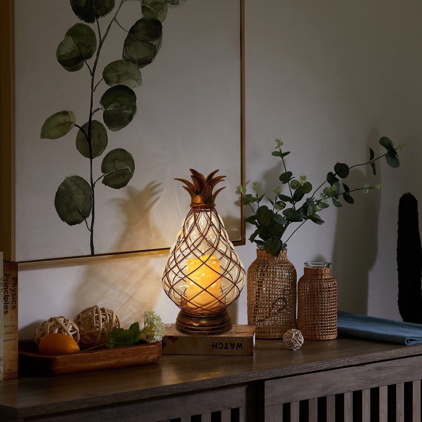 MOZEAL 13" Outdoor Glass Pineapple Lantern,Ip44 Waterproof,6 Hours Timer,Decorative Candle Lantern,with Flameless Candles,Battery Operated,for Front