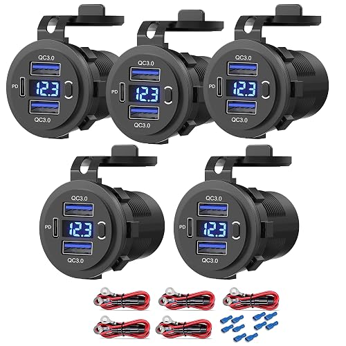 Zennova [5 Pack] 12v USB Outlet, Dual USB Quick Charge 3.0 Port and PD USB C Car Charger Socket Waterproof with Voltmeter and Power Switch for Car