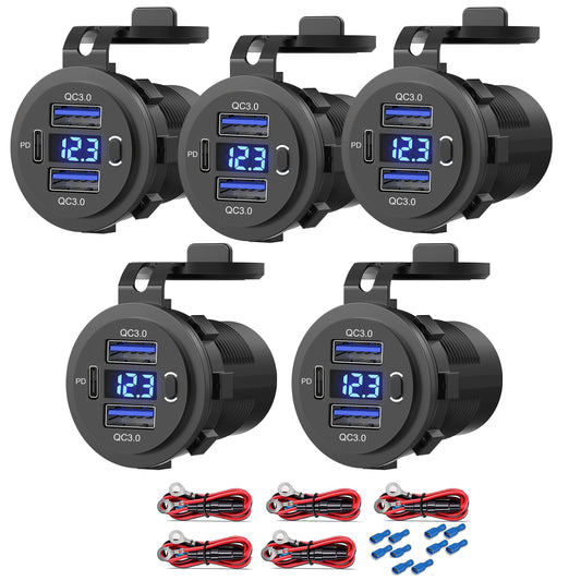 Zennova [5 Pack] 12v USB Outlet, Dual USB Quick Charge 3.0 Port and PD USB C Car Charger Socket Waterproof with Voltmeter and Power Switch for Car