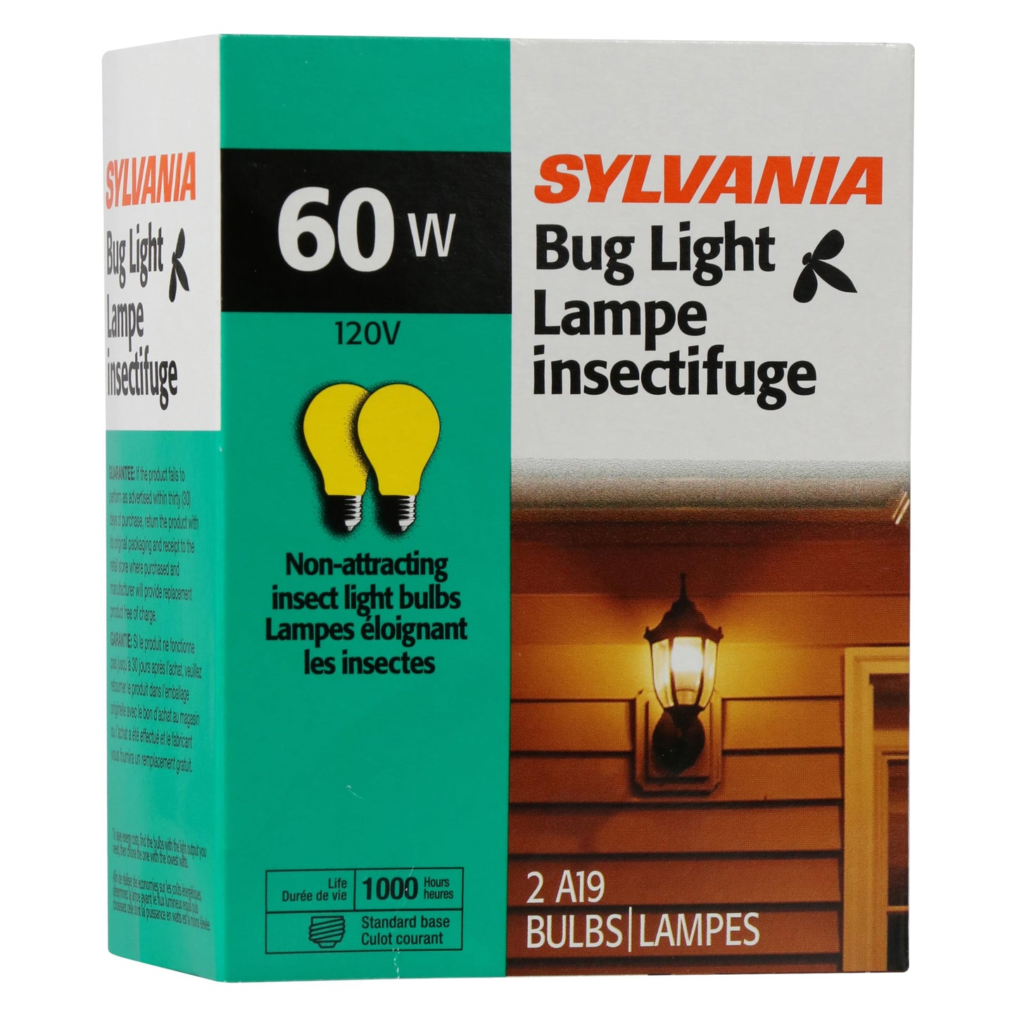 Sylvania Incandescent Yellow Bug Light Bulb A19 E26 Base, 60 Watt, 2 Pack