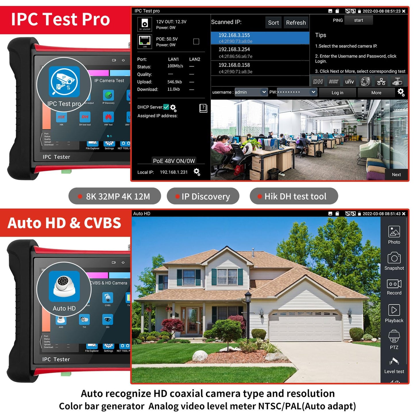 Rsrteng X7-ADHS CCTV Camera Tester 8K 32MP IP Camera Test 7-inch IPS Touch Screen Monitor CCTV Tester with HD TVI/CVI/AHD/SDI/CVBS/Support POE WiFi HD