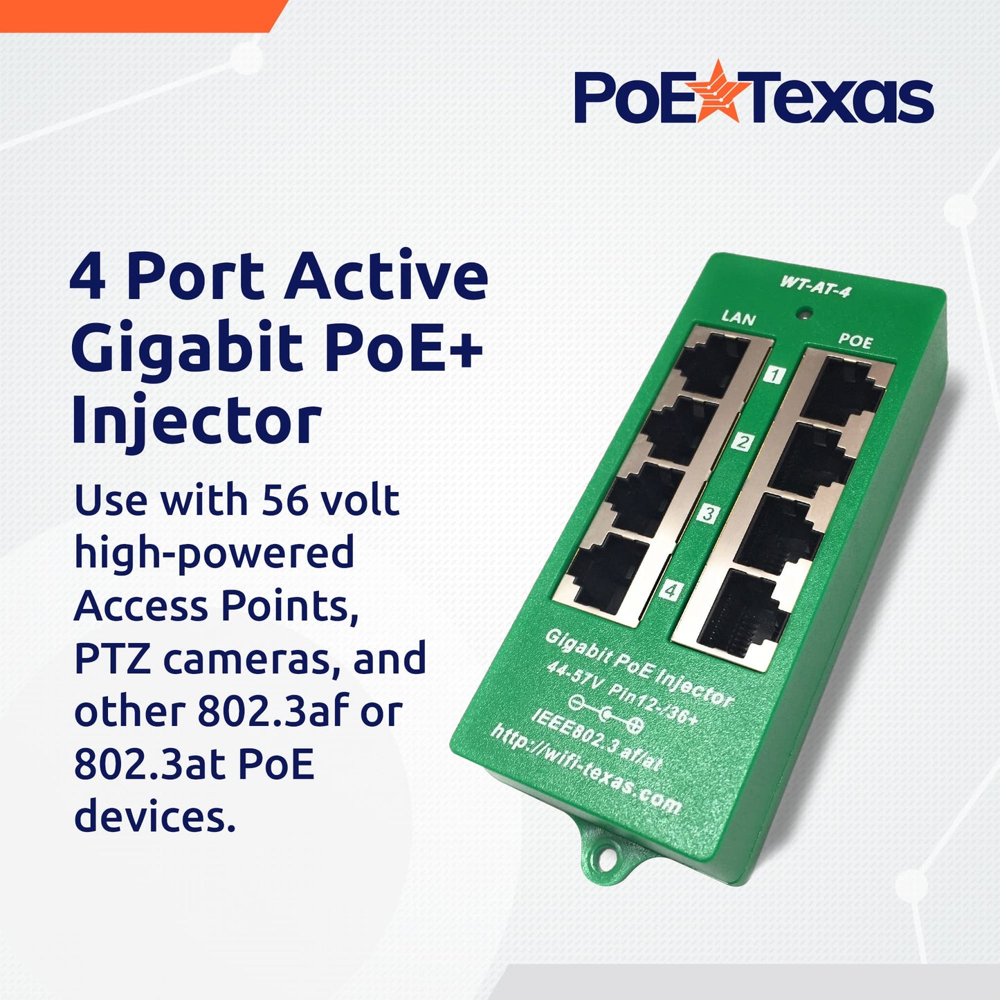 PoE Texas 4 Port PoE/PoE+ Injector with 56V 120W Power Supply - Gigabit Injector - Active Mode A Power Over Ethernet Multi Port PoE Adapter - Supports