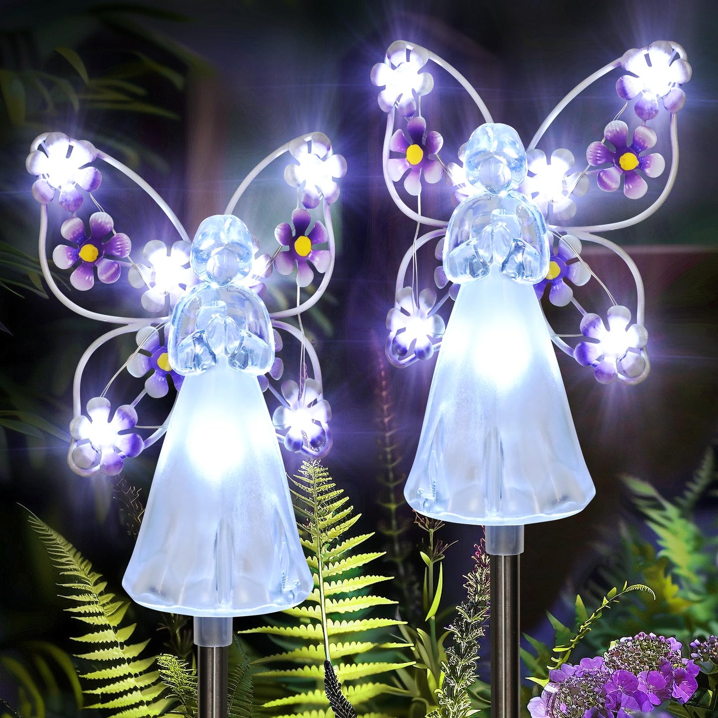 GIGALUMI Solar Angel Garden Stake Lights - 2 Pack Angel Solar Lights Outdoor Garden, Eternal Light Angel with 7 LEDs for Cemetery Grave Decorations