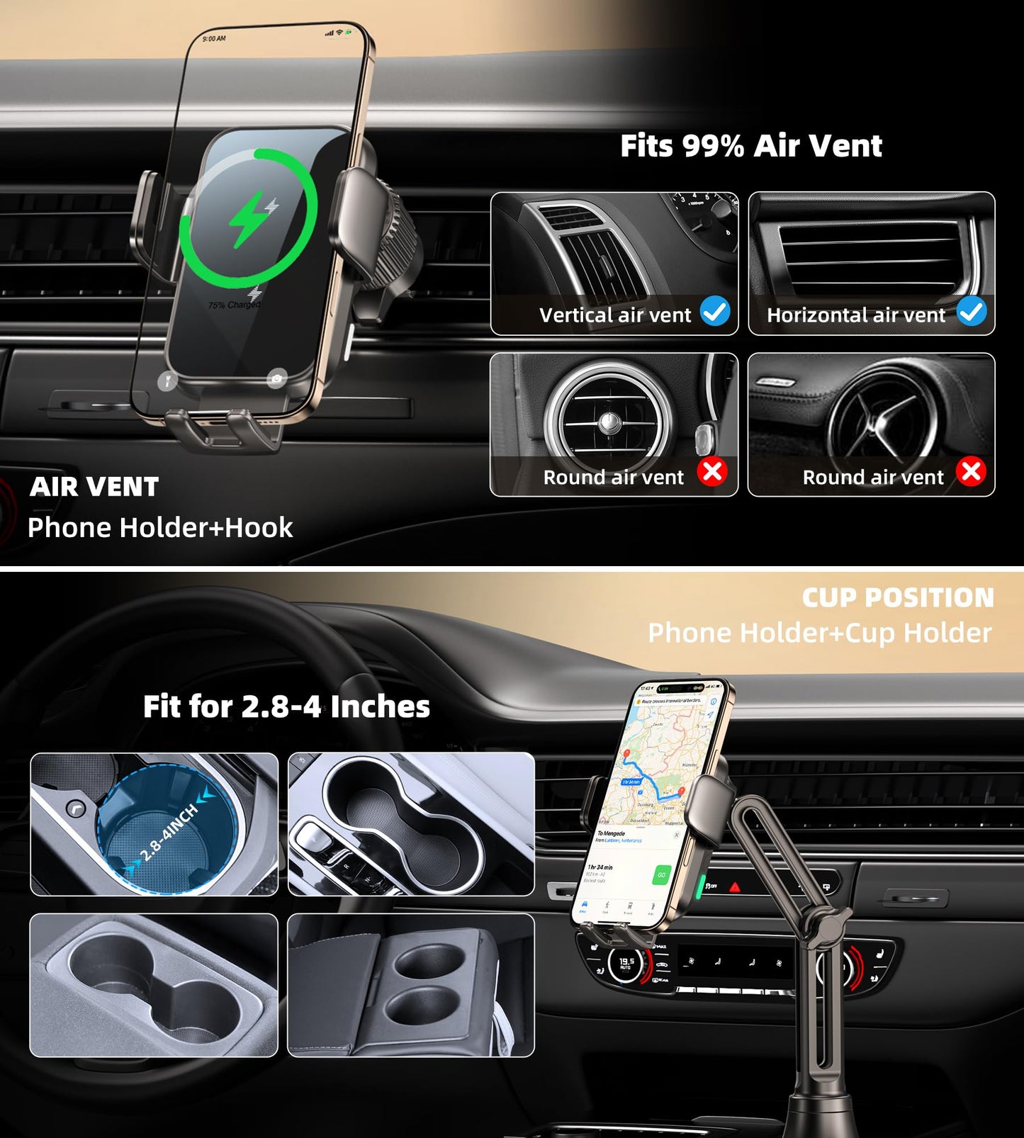 Dual Coil 15W Cup Phone Holder Mount,Wireless Car Charger Auto-Clamping Fast Charging Vent Phone Holders for Your Car for iPhone 17/16/15,Samsung Flip