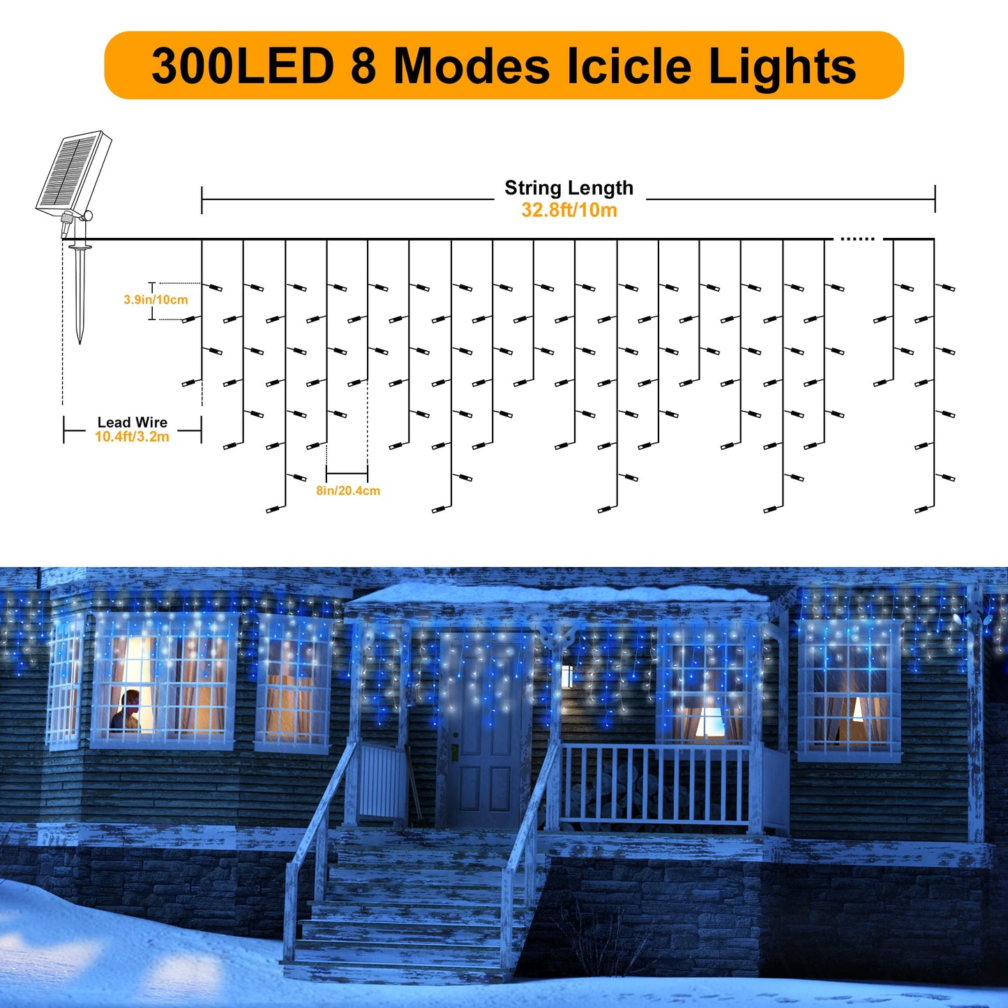 mimigogo 300 LED Solar Icicle Lights Outdoor with Remote Control, 33ft 8 Modes Curtain String Lights with 50 Drops, Christmas Holiday Wedding Party