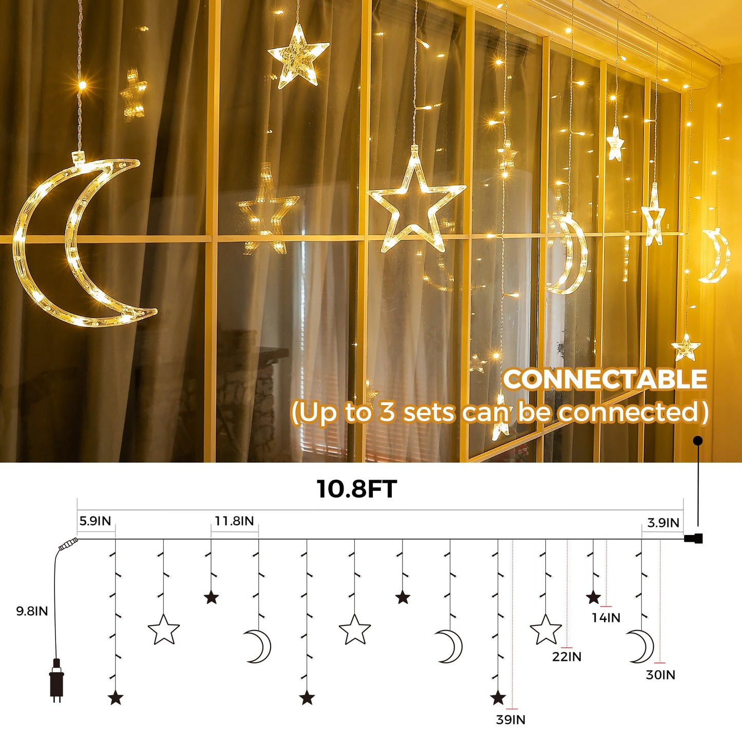 Qunlight Ramadan Solar Icicle Lights,10.8ft 138 LED Outdoor Waterproof Moons Stars Curtain Window String with 8 Modes Timer Remote,USB Rechargeable