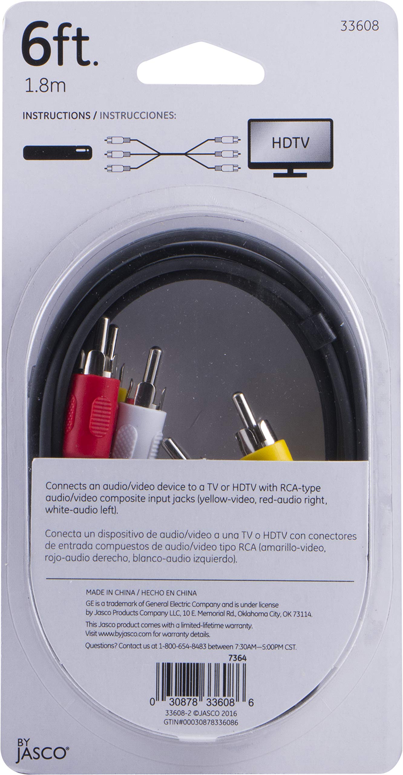 GE Composite Audio/Video Cable, 6 ft. RCA Style Plugs 3-Male to 3-Male, for TV, VCR, DVD, Blu Ray, Video Game System, Satellite, and Home Theater