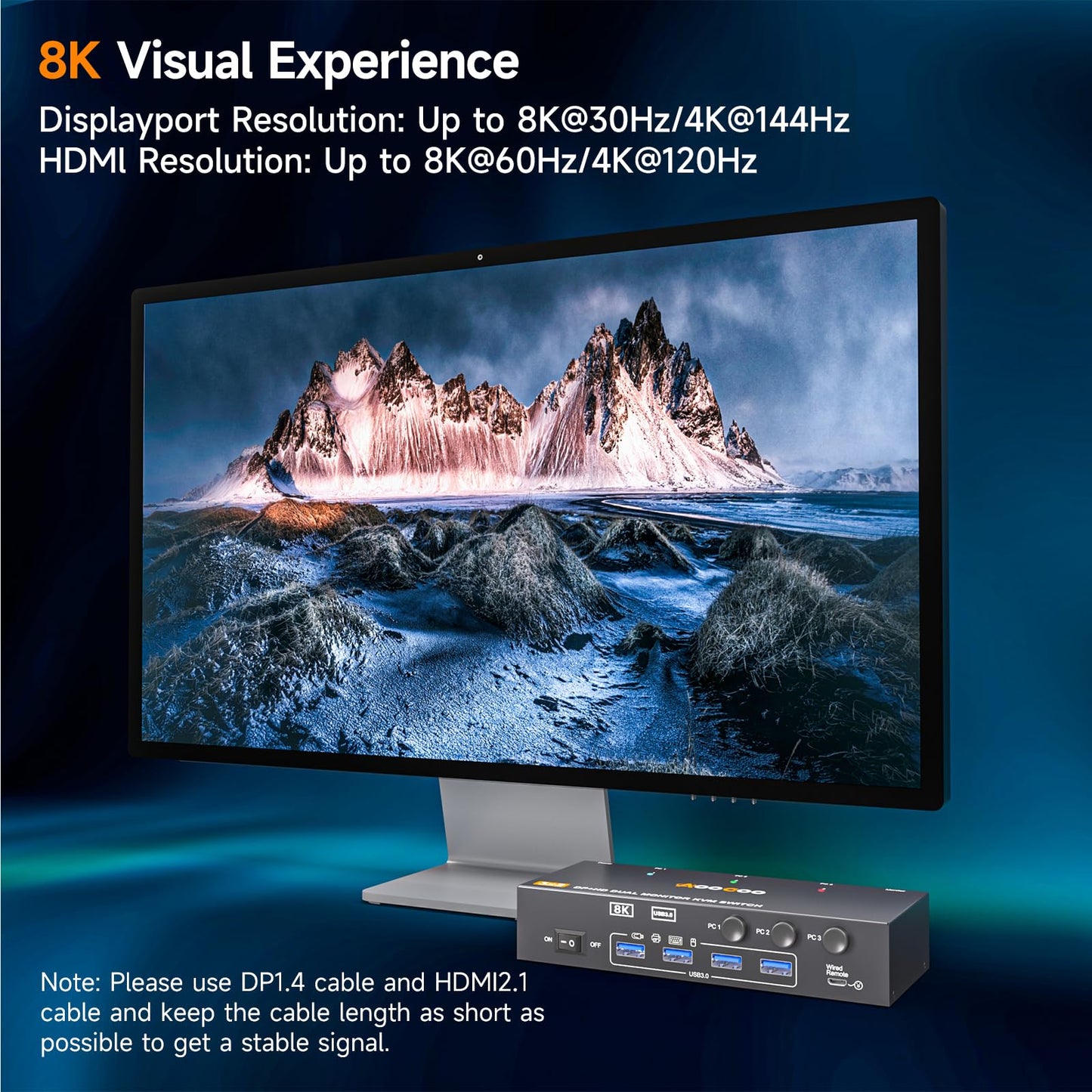 KVM Switch 2 Monitors 3 Computers 8K@60Hz/4K144Hz,DP+HDMI USB3.0 Dual Monitors KVM Switches with 4 USB 3.0 Port,Wired Remote,USB3.0 Cables Included(8K
