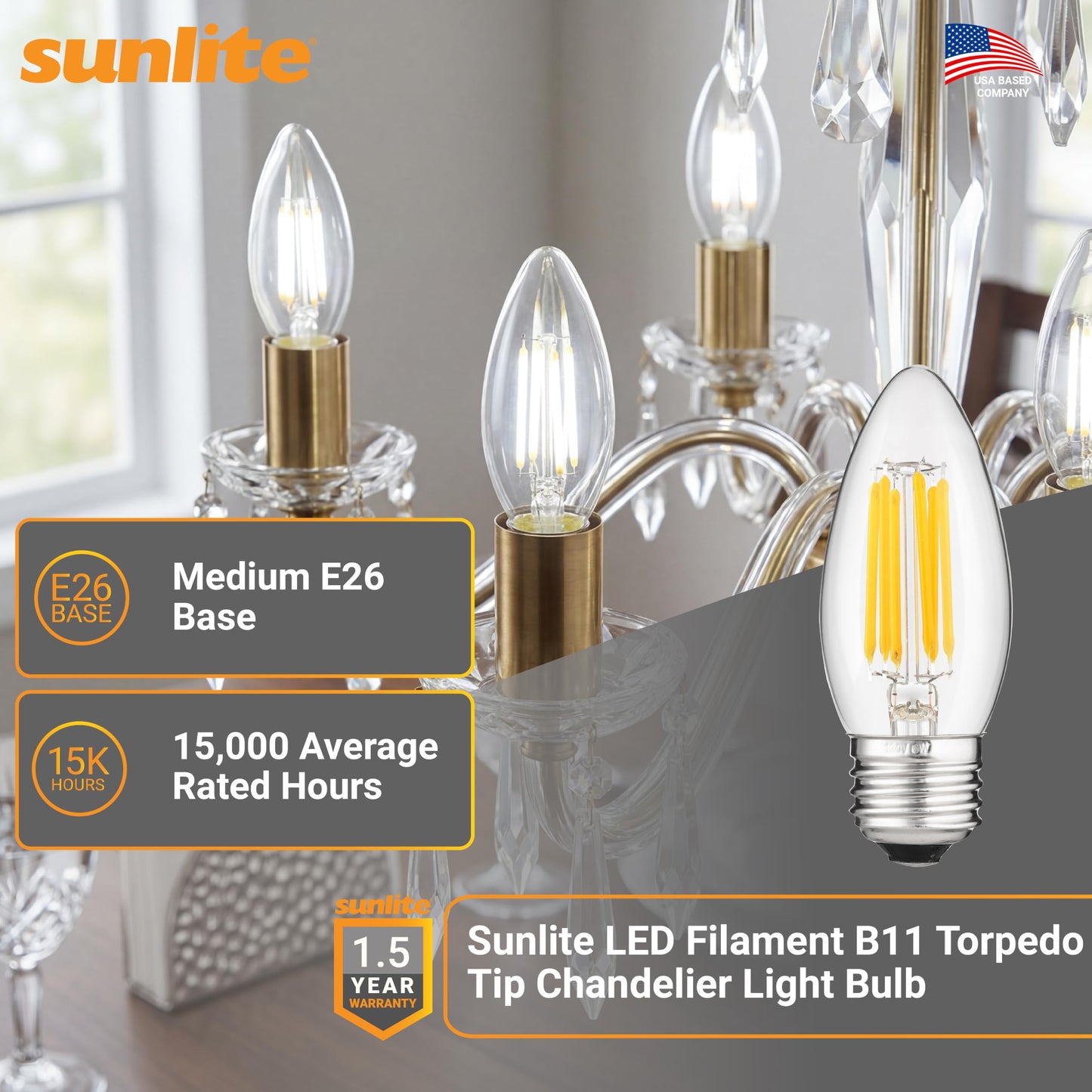 Sunlite 41077 LED Filament B11 Torpedo Chandelier Light Bulb, 5.5 Watts (60W Equivalent), 600 Lumens, Medium E26 Base, Dimmable, Edison Style, 90 CRI