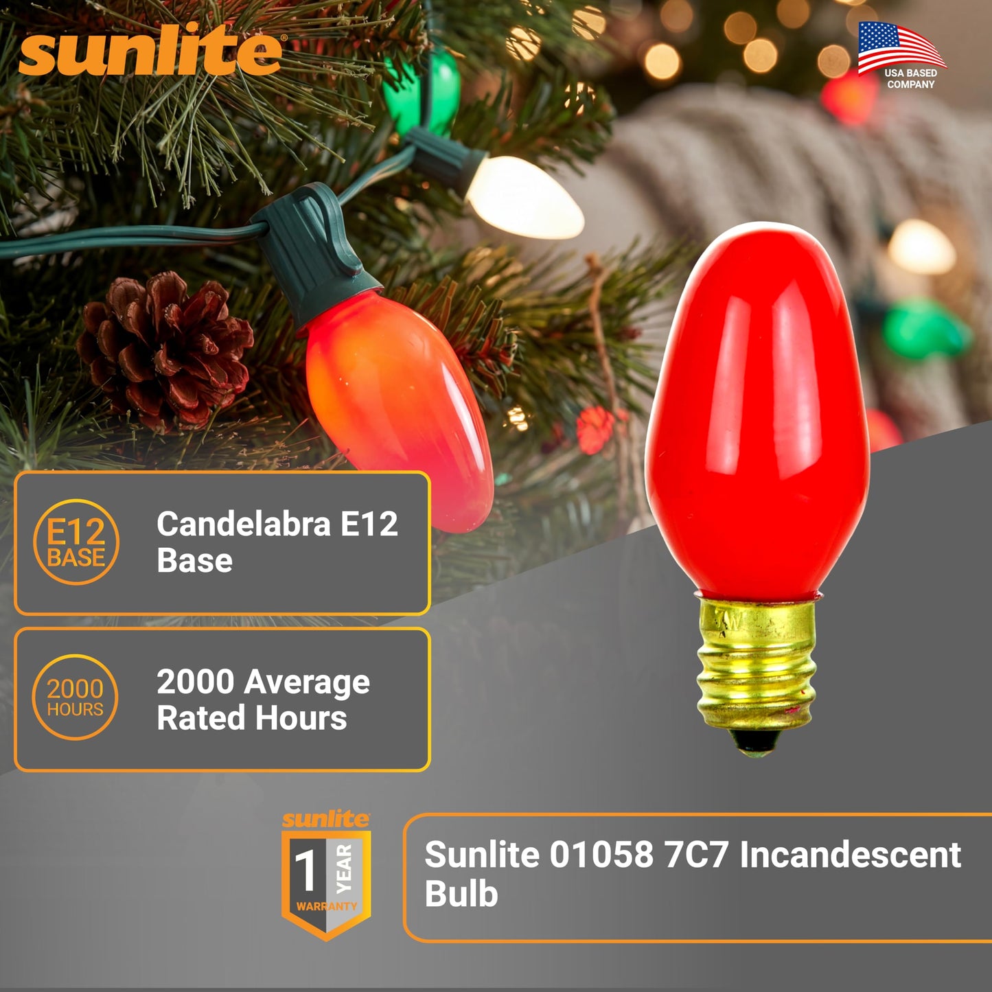 Sunlite 01058 7C7 Incandescent Bulb, 7 Watt, Candelabra E12 Base, C7 Small Night Light, Colored Bulb, Red, 12 Count